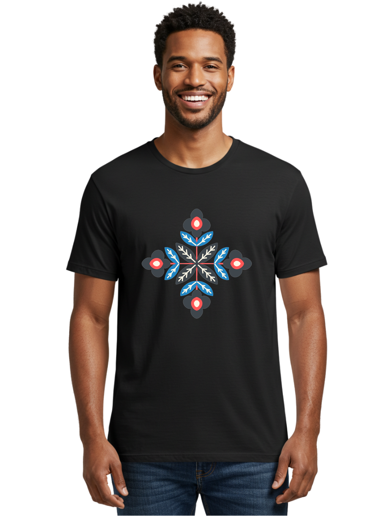 Symmetrical-Floral-Pattern-1 Men'S Graphic Tee, 100% Cotton, Comfortable Casual Summer Wear, Machine Washable, Symmetrical Floral Design, Graphic Illustration, Bold Colors, Geometric Shapes, Floral Motif, Abstract Art, Vibrant Pattern, Aab799