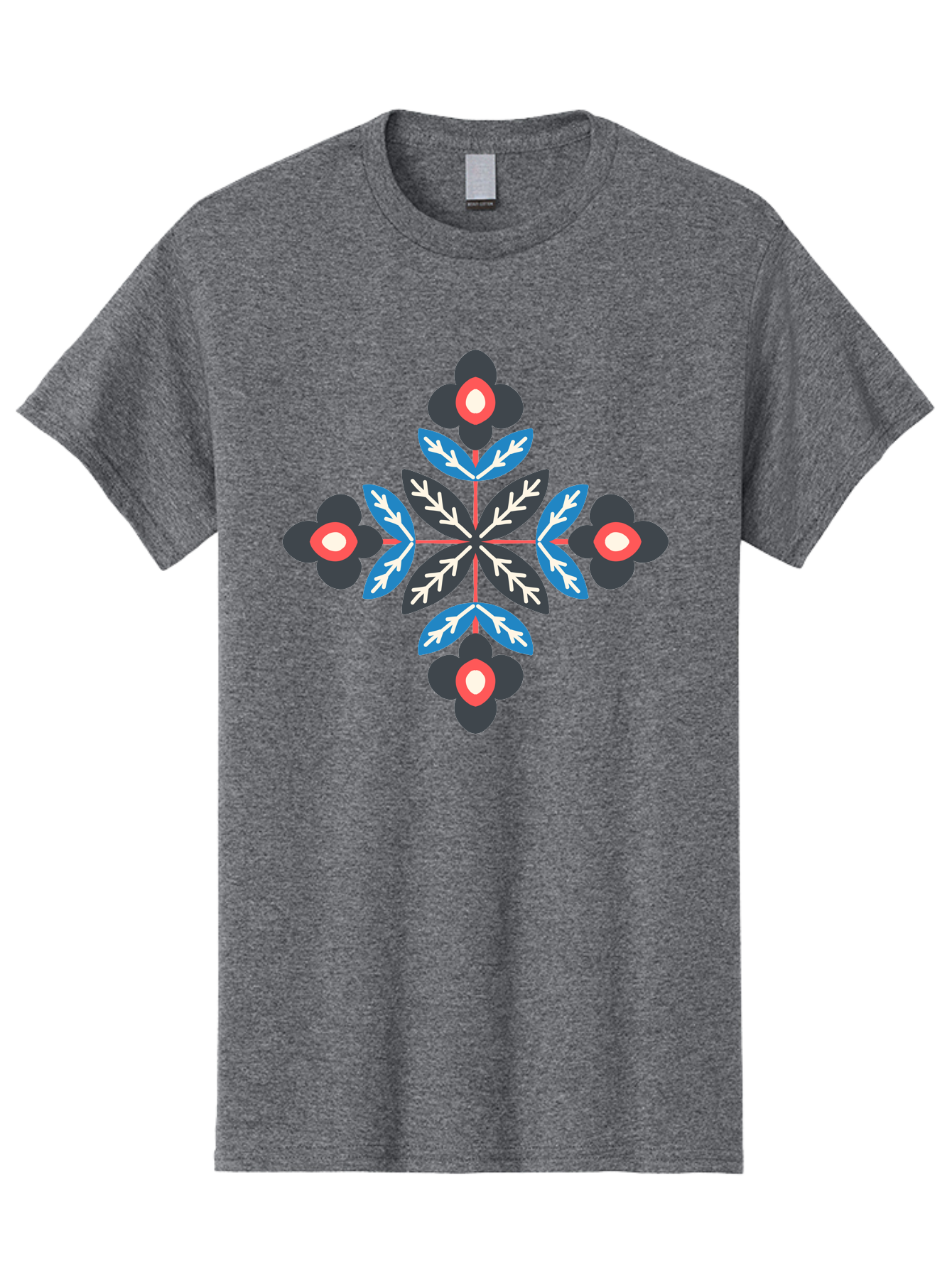 Symmetrical-Floral-Pattern-1 Men'S Graphic Tee, 100% Cotton, Comfortable Casual Summer Wear, Machine Washable, Symmetrical Floral Design, Graphic Illustration, Bold Colors, Geometric Shapes, Floral Motif, Abstract Art, Vibrant Pattern, Aab799