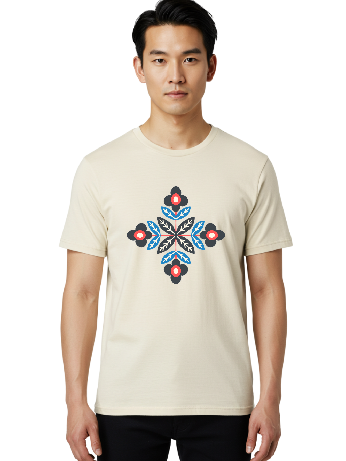 Symmetrical-Floral-Pattern-1 Men'S Graphic Tee, 100% Cotton, Comfortable Casual Summer Wear, Machine Washable, Symmetrical Floral Design, Graphic Illustration, Bold Colors, Geometric Shapes, Floral Motif, Abstract Art, Vibrant Pattern, Aab799