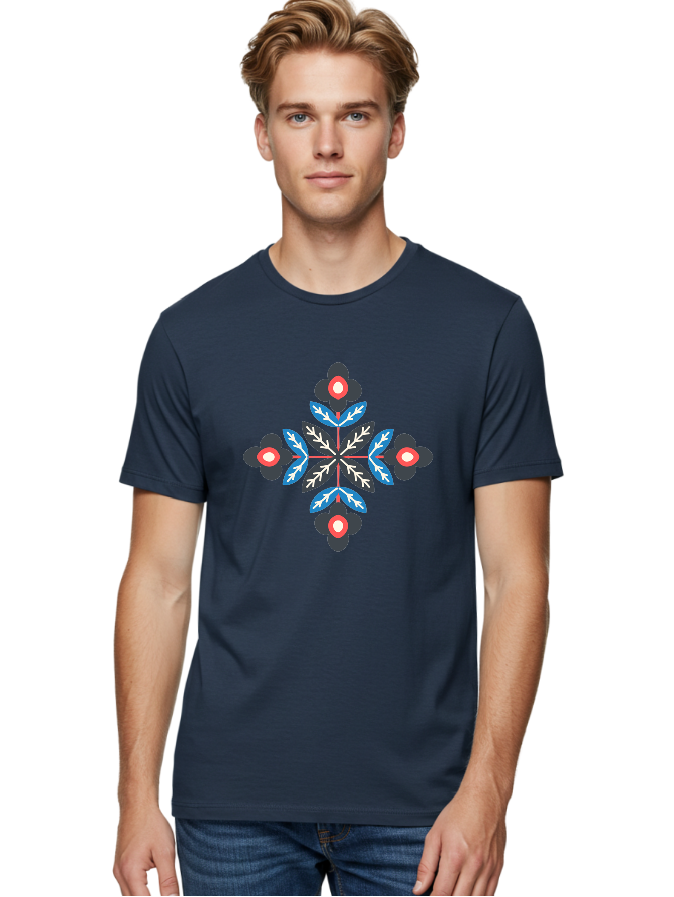 Symmetrical-Floral-Pattern-1 Men'S Graphic Tee, 100% Cotton, Comfortable Casual Summer Wear, Machine Washable, Symmetrical Floral Design, Graphic Illustration, Bold Colors, Geometric Shapes, Floral Motif, Abstract Art, Vibrant Pattern, Aab799