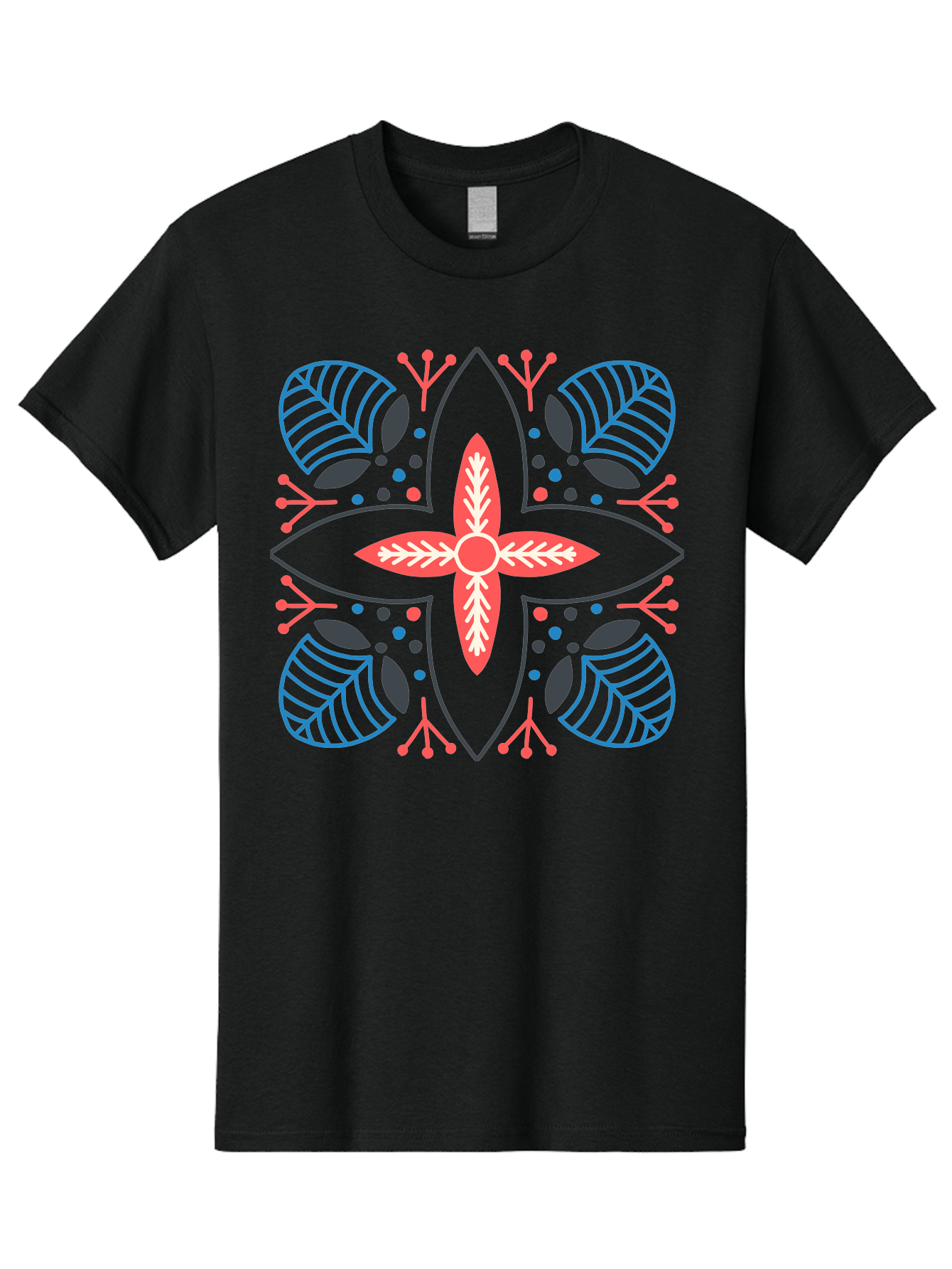 Symmetrical-Floral-Pattern Men'S Graphic Tee, 100% Cotton, Comfortable Casual Summer Wear, Machine Washable, Symmetrical Floral Design, Vibrant Red And Blue Hues, Stylized Leaves, Intricate Patterns, Geometric Shapes, Abstract Art, Aab800