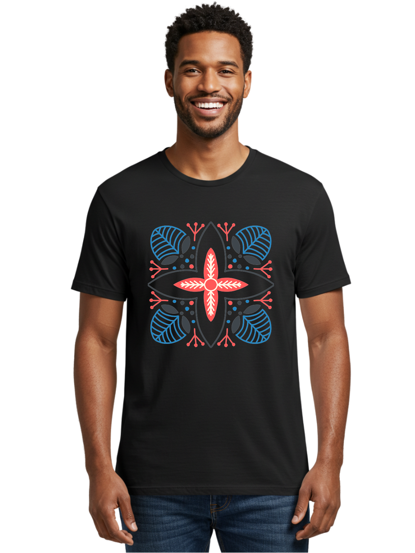 Symmetrical-Floral-Pattern Men'S Graphic Tee, 100% Cotton, Comfortable Casual Summer Wear, Machine Washable, Symmetrical Floral Design, Vibrant Red And Blue Hues, Stylized Leaves, Intricate Patterns, Geometric Shapes, Abstract Art, Aab800