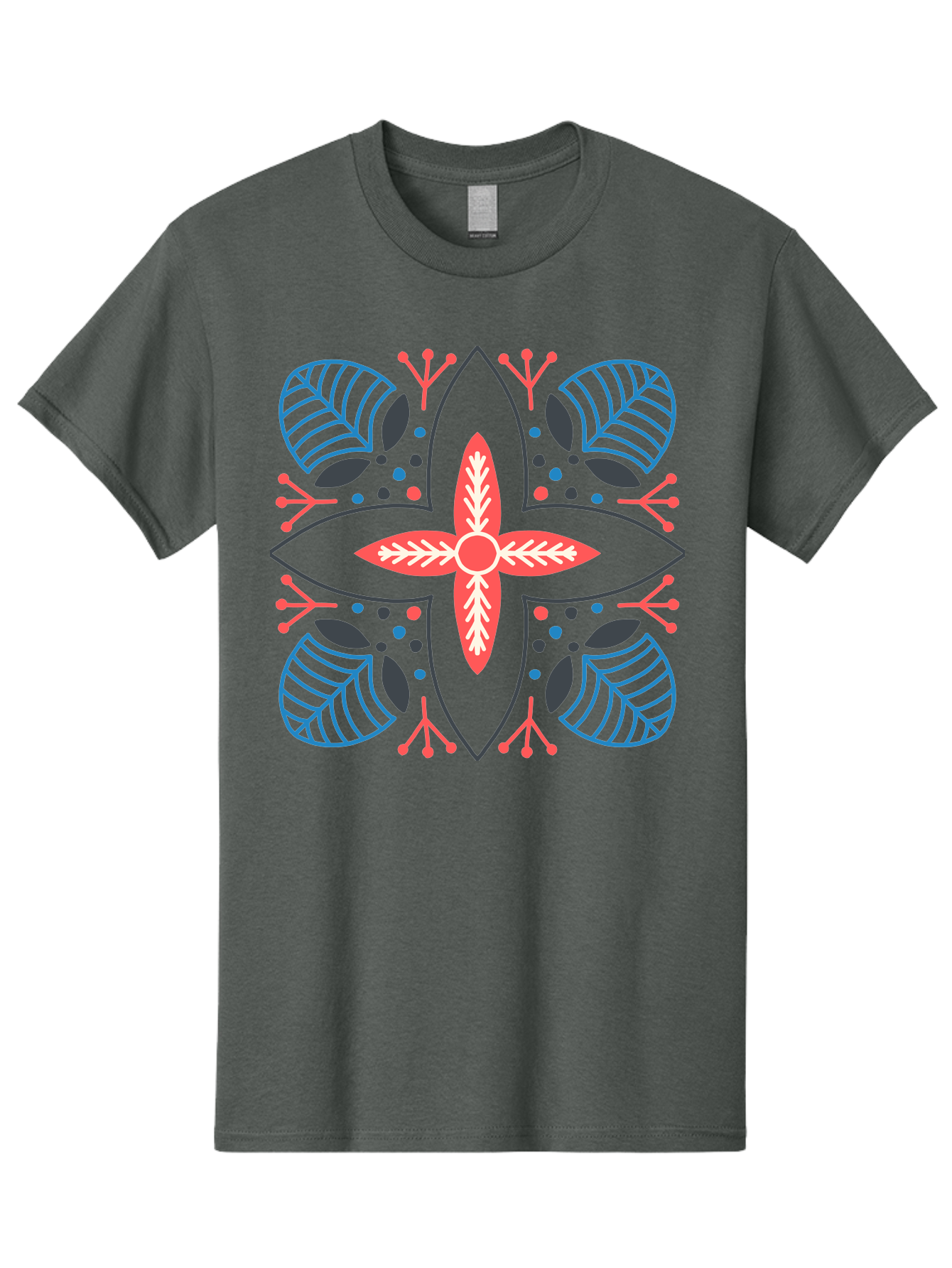 Symmetrical-Floral-Pattern Men'S Graphic Tee, 100% Cotton, Comfortable Casual Summer Wear, Machine Washable, Symmetrical Floral Design, Vibrant Red And Blue Hues, Stylized Leaves, Intricate Patterns, Geometric Shapes, Abstract Art, Aab800
