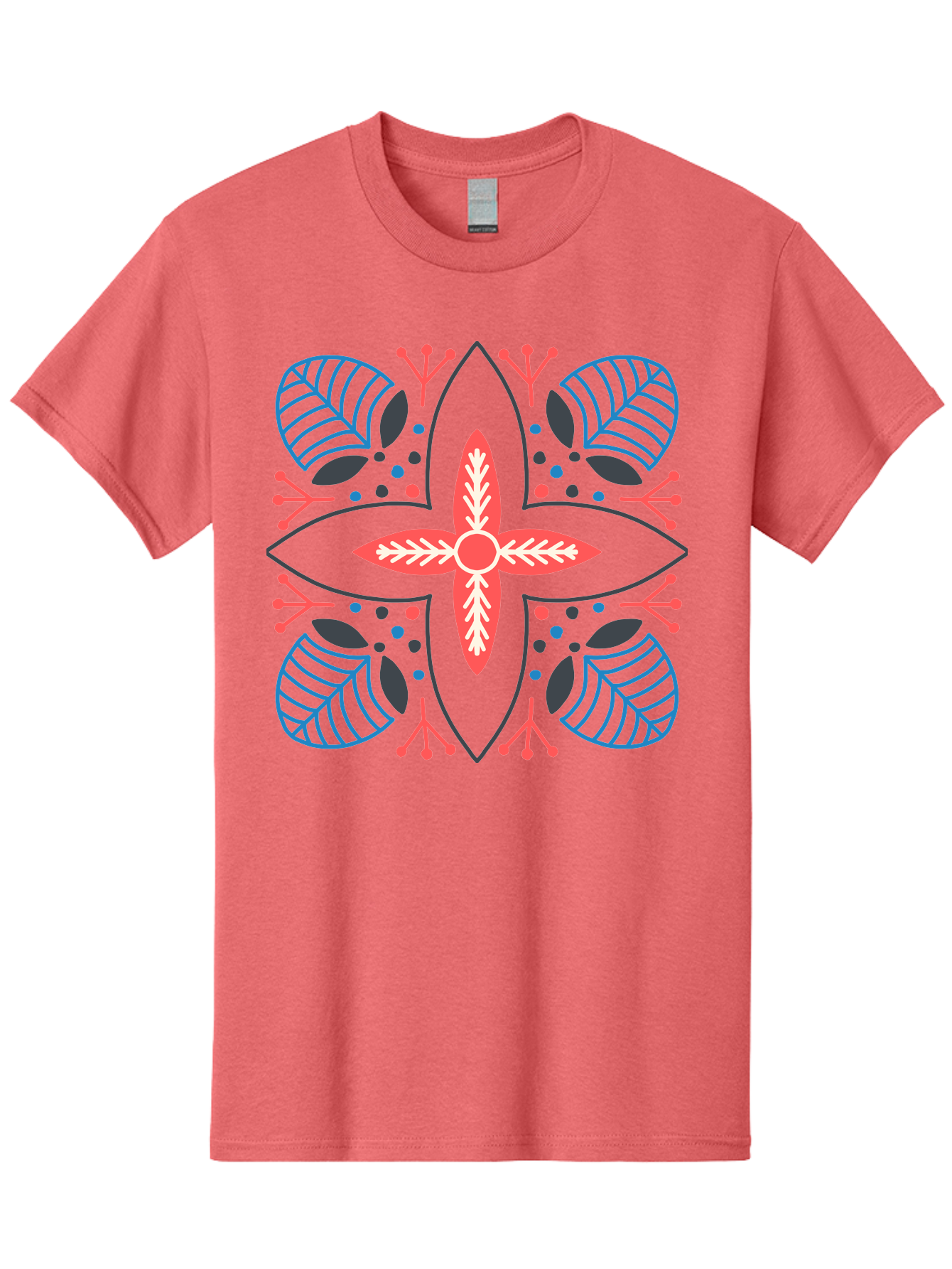 Symmetrical-Floral-Pattern Men'S Graphic Tee, 100% Cotton, Comfortable Casual Summer Wear, Machine Washable, Symmetrical Floral Design, Vibrant Red And Blue Hues, Stylized Leaves, Intricate Patterns, Geometric Shapes, Abstract Art, Aab800