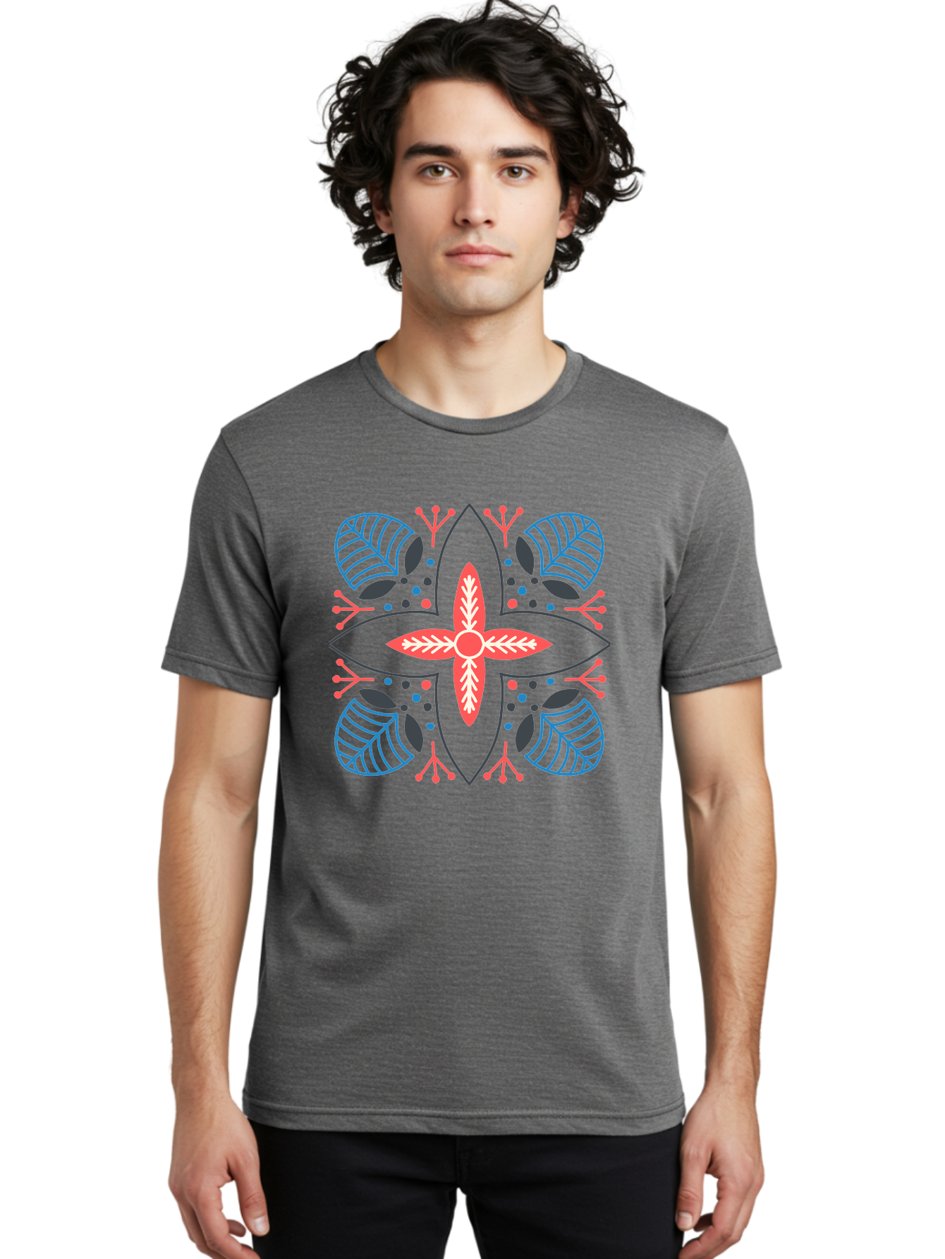 Symmetrical-Floral-Pattern Men'S Graphic Tee, 100% Cotton, Comfortable Casual Summer Wear, Machine Washable, Symmetrical Floral Design, Vibrant Red And Blue Hues, Stylized Leaves, Intricate Patterns, Geometric Shapes, Abstract Art, Aab800