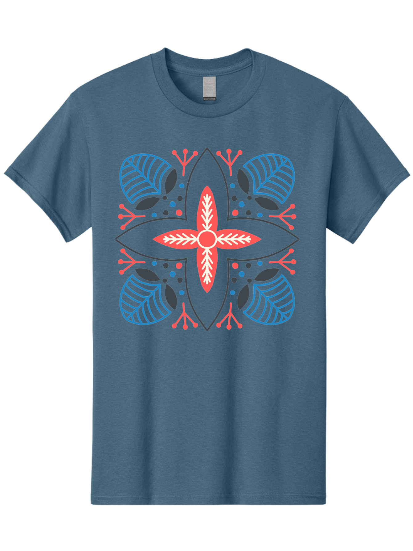 Symmetrical-Floral-Pattern Men'S Graphic Tee, 100% Cotton, Comfortable Casual Summer Wear, Machine Washable, Symmetrical Floral Design, Vibrant Red And Blue Hues, Stylized Leaves, Intricate Patterns, Geometric Shapes, Abstract Art, Aab800