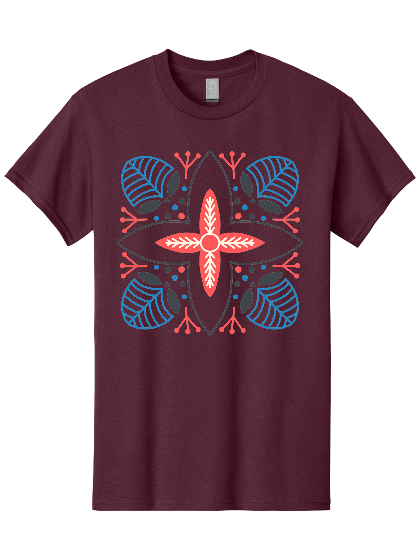 Symmetrical-Floral-Pattern Men'S Graphic Tee, 100% Cotton, Comfortable Casual Summer Wear, Machine Washable, Symmetrical Floral Design, Vibrant Red And Blue Hues, Stylized Leaves, Intricate Patterns, Geometric Shapes, Abstract Art, Aab800
