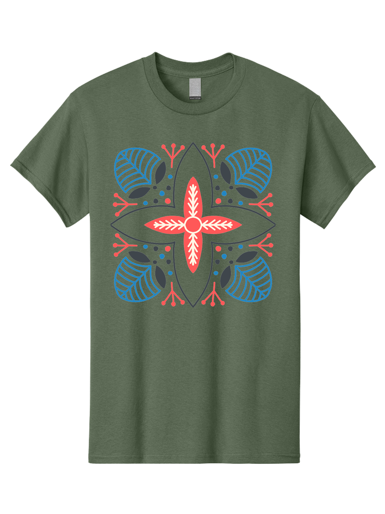 Symmetrical-Floral-Pattern Men'S Graphic Tee, 100% Cotton, Comfortable Casual Summer Wear, Machine Washable, Symmetrical Floral Design, Vibrant Red And Blue Hues, Stylized Leaves, Intricate Patterns, Geometric Shapes, Abstract Art, Aab800