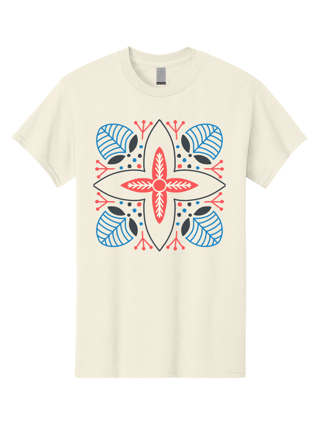 Symmetrical-Floral-Pattern Men'S Graphic Tee, 100% Cotton, Comfortable Casual Summer Wear, Machine Washable, Symmetrical Floral Design, Vibrant Red And Blue Hues, Stylized Leaves, Intricate Patterns, Geometric Shapes, Abstract Art, Aab800