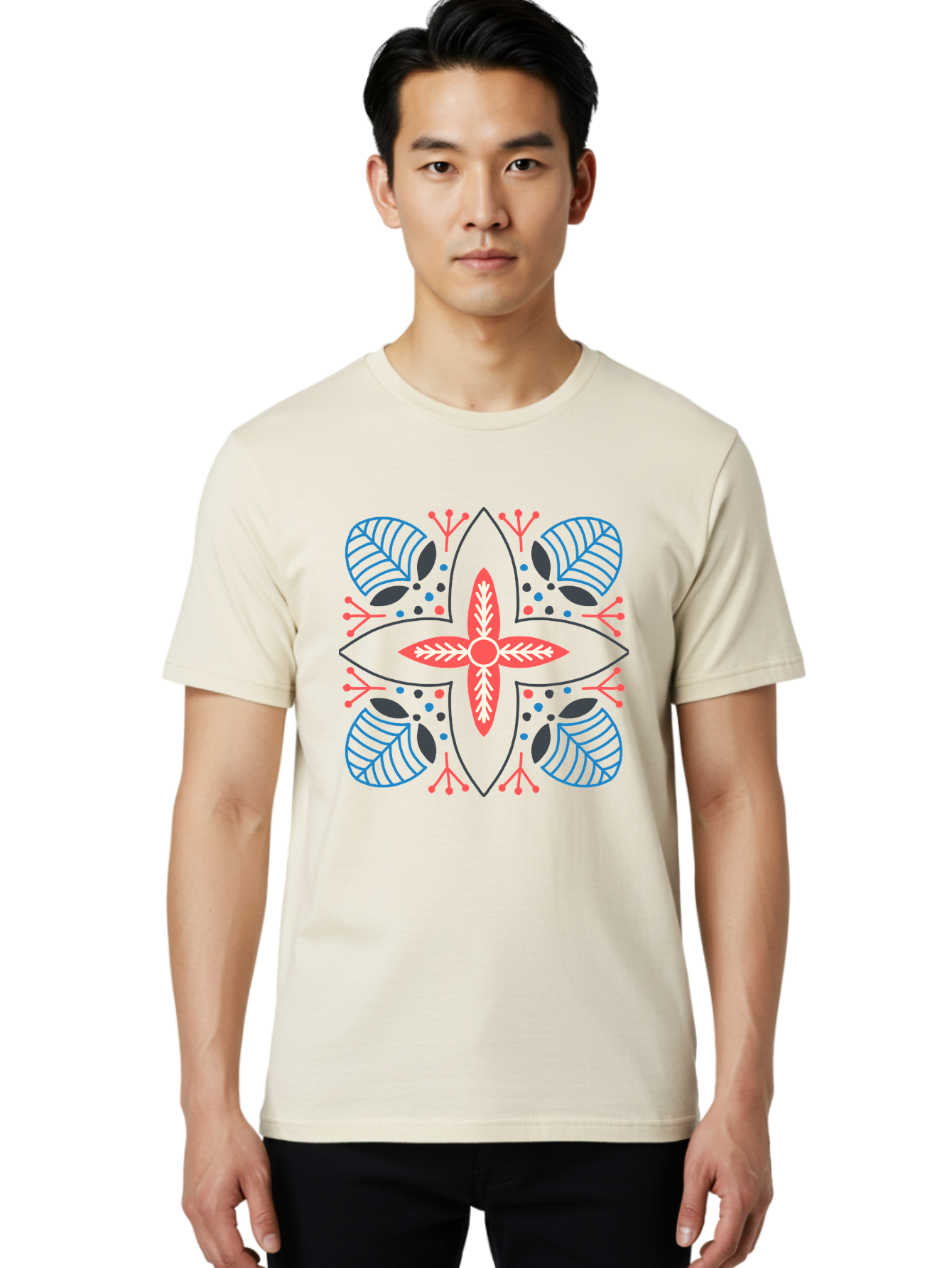 Symmetrical-Floral-Pattern Men'S Graphic Tee, 100% Cotton, Comfortable Casual Summer Wear, Machine Washable, Symmetrical Floral Design, Vibrant Red And Blue Hues, Stylized Leaves, Intricate Patterns, Geometric Shapes, Abstract Art, Aab800