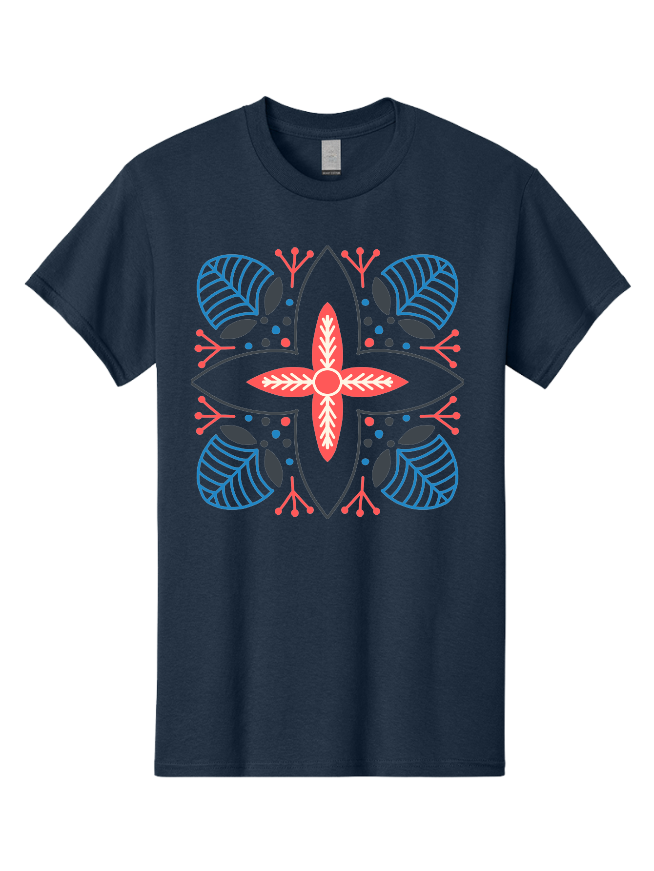 Symmetrical-Floral-Pattern Men'S Graphic Tee, 100% Cotton, Comfortable Casual Summer Wear, Machine Washable, Symmetrical Floral Design, Vibrant Red And Blue Hues, Stylized Leaves, Intricate Patterns, Geometric Shapes, Abstract Art, Aab800