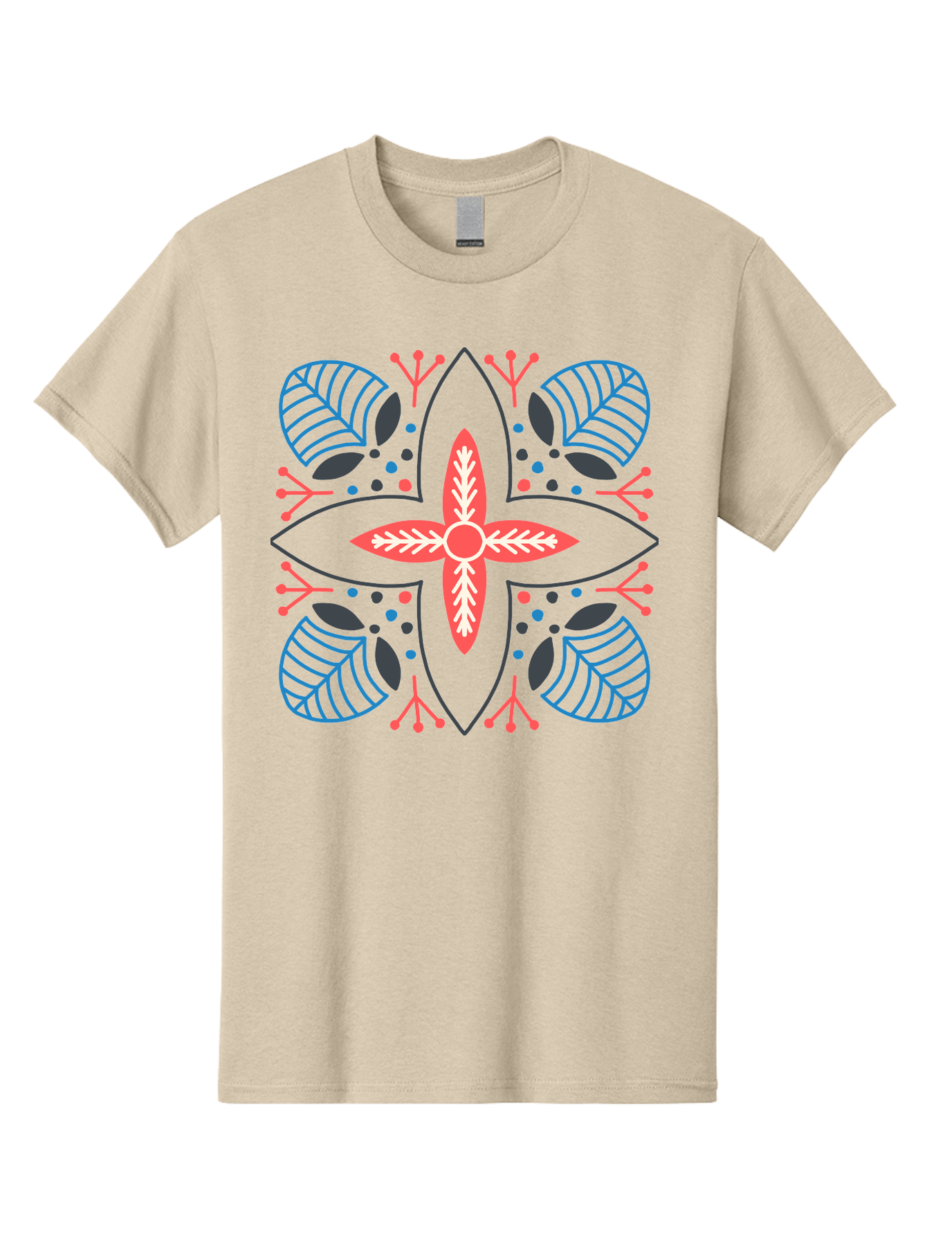 Symmetrical-Floral-Pattern Men'S Graphic Tee, 100% Cotton, Comfortable Casual Summer Wear, Machine Washable, Symmetrical Floral Design, Vibrant Red And Blue Hues, Stylized Leaves, Intricate Patterns, Geometric Shapes, Abstract Art, Aab800
