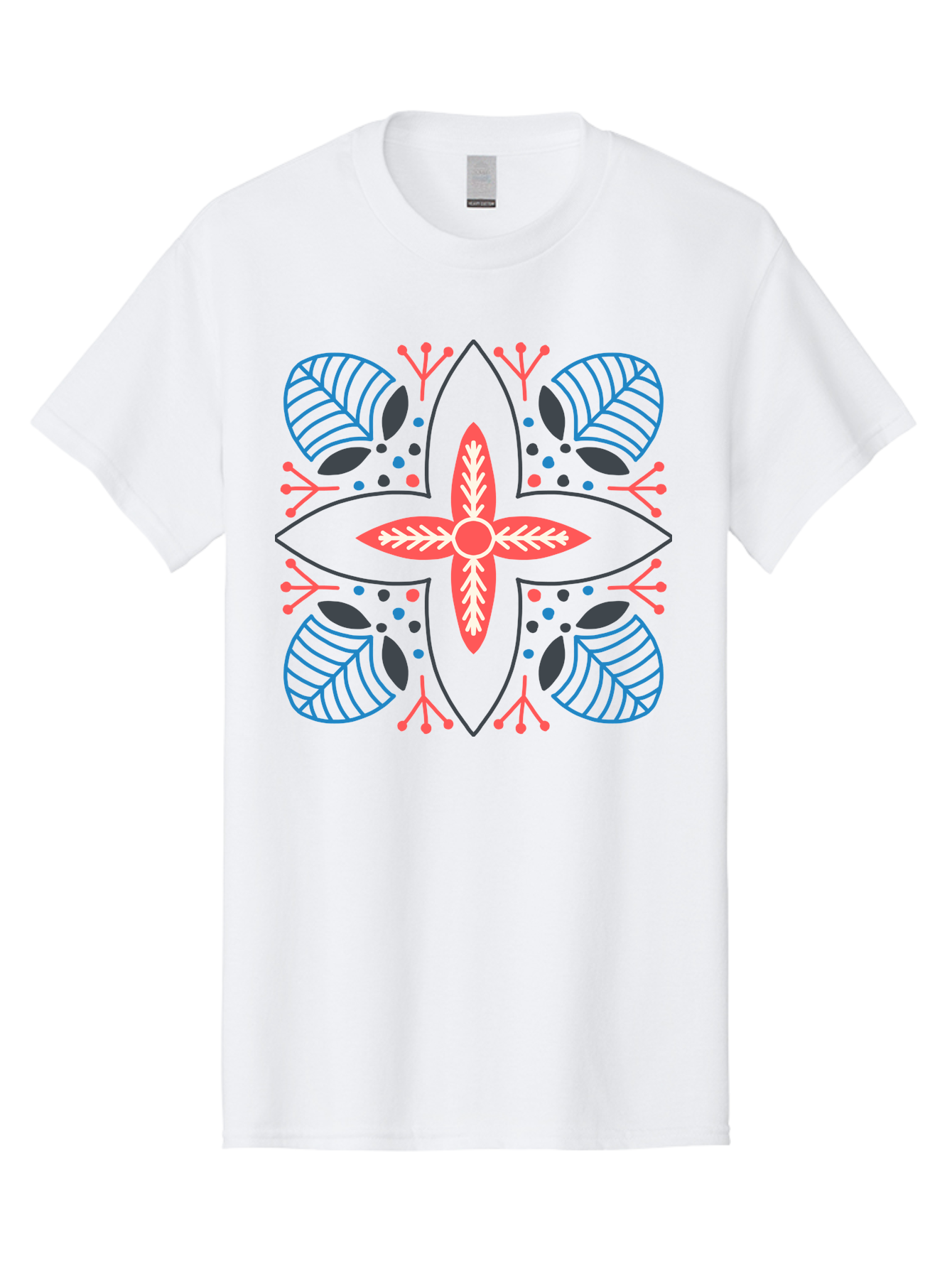 Symmetrical-Floral-Pattern Men'S Graphic Tee, 100% Cotton, Comfortable Casual Summer Wear, Machine Washable, Symmetrical Floral Design, Vibrant Red And Blue Hues, Stylized Leaves, Intricate Patterns, Geometric Shapes, Abstract Art, Aab800