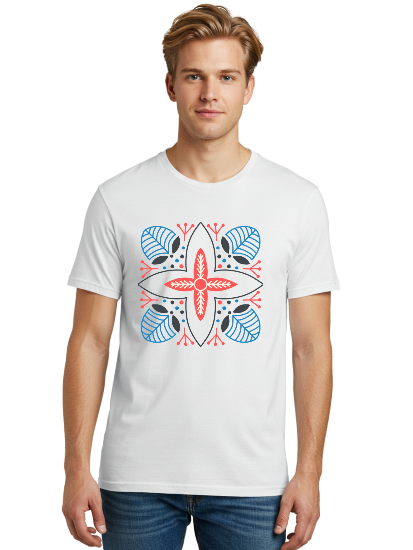 Symmetrical-Floral-Pattern Men'S Graphic Tee, 100% Cotton, Comfortable Casual Summer Wear, Machine Washable, Symmetrical Floral Design, Vibrant Red And Blue Hues, Stylized Leaves, Intricate Patterns, Geometric Shapes, Abstract Art, Aab800