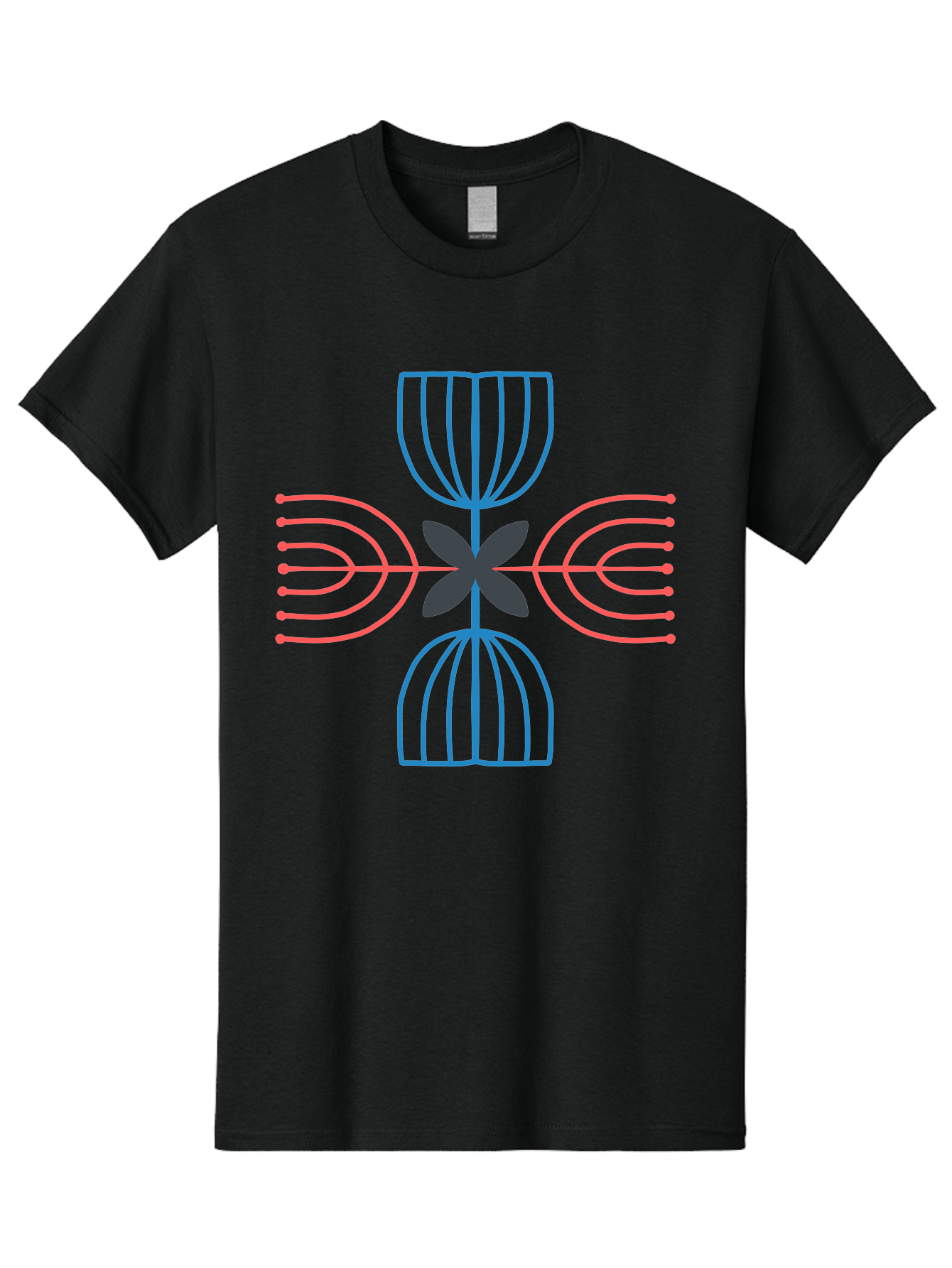 Symmetrical-Logo-Design Men'S Graphic Tee, 100% Cotton, Comfortable Casual Summer Wear, Machine Washable, Symmetrical Design, Geometric Shapes, Abstract Art, Floral Motif, Pink And Blue Lines, Black Flower, Modern Graphics, Aab801
