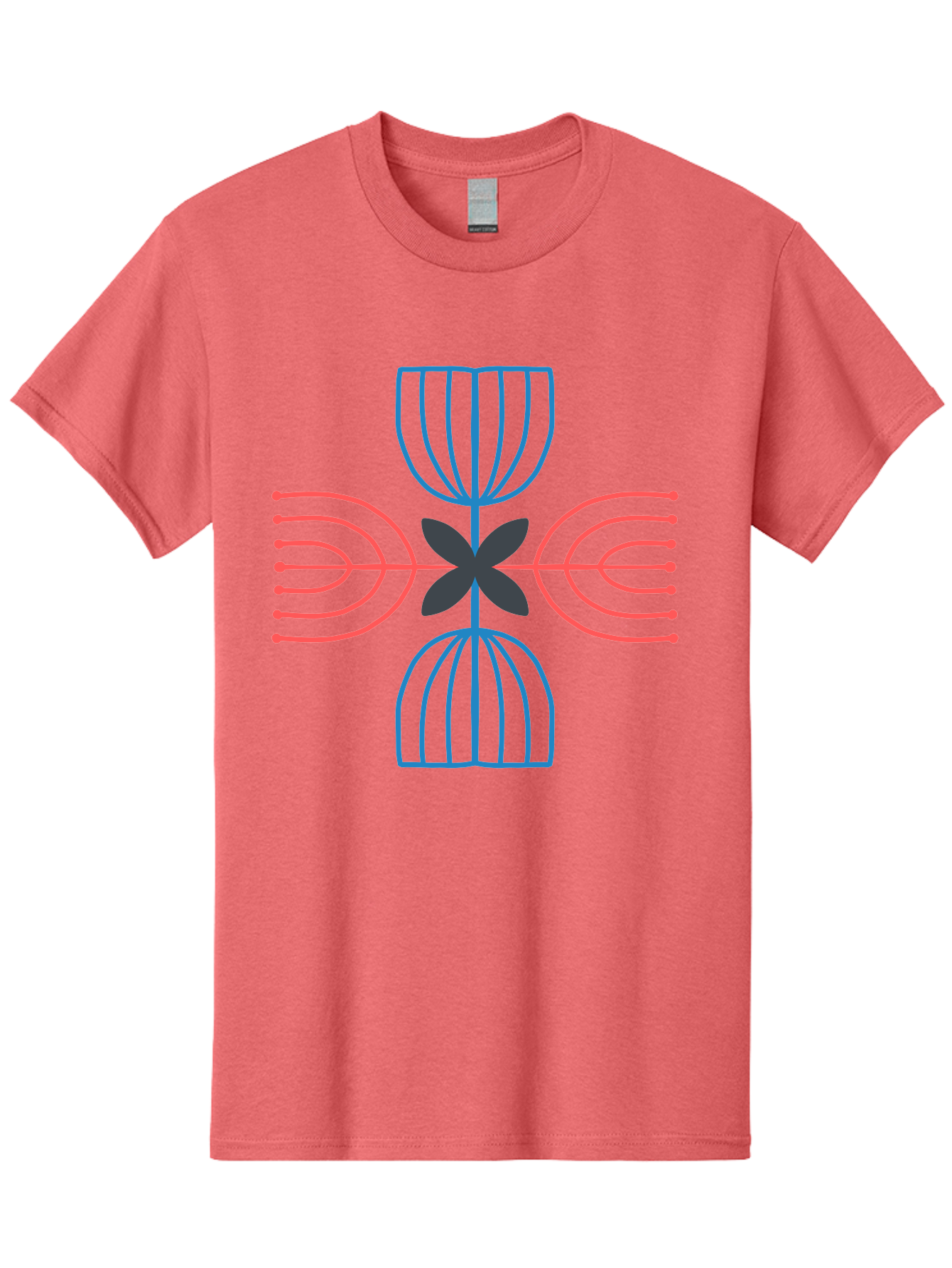 Symmetrical-Logo-Design Men'S Graphic Tee, 100% Cotton, Comfortable Casual Summer Wear, Machine Washable, Symmetrical Design, Geometric Shapes, Abstract Art, Floral Motif, Pink And Blue Lines, Black Flower, Modern Graphics, Aab801
