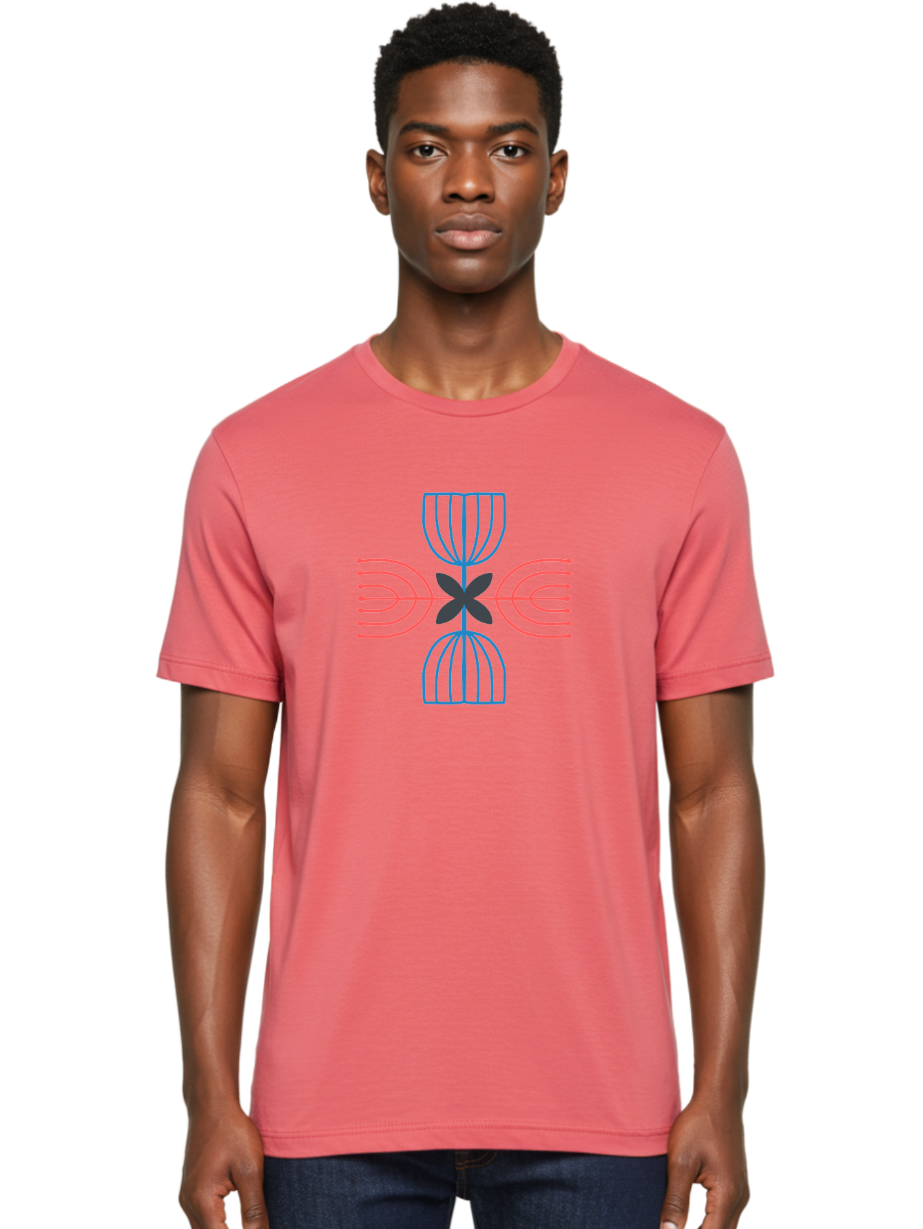 Symmetrical-Logo-Design Men'S Graphic Tee, 100% Cotton, Comfortable Casual Summer Wear, Machine Washable, Symmetrical Design, Geometric Shapes, Abstract Art, Floral Motif, Pink And Blue Lines, Black Flower, Modern Graphics, Aab801