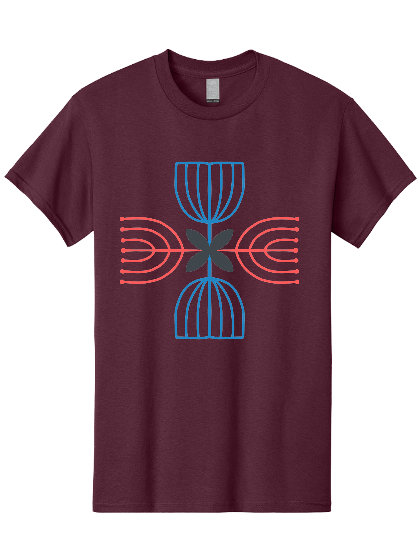 Symmetrical-Logo-Design Men'S Graphic Tee, 100% Cotton, Comfortable Casual Summer Wear, Machine Washable, Symmetrical Design, Geometric Shapes, Abstract Art, Floral Motif, Pink And Blue Lines, Black Flower, Modern Graphics, Aab801