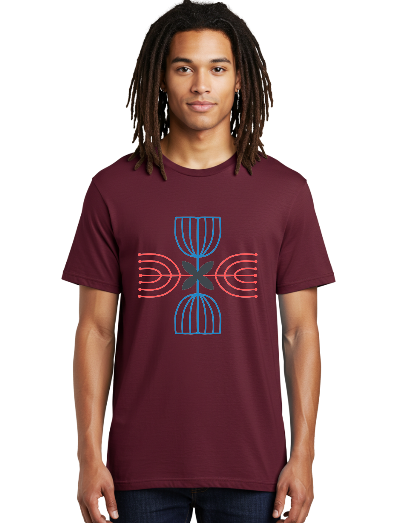 Symmetrical-Logo-Design Men'S Graphic Tee, 100% Cotton, Comfortable Casual Summer Wear, Machine Washable, Symmetrical Design, Geometric Shapes, Abstract Art, Floral Motif, Pink And Blue Lines, Black Flower, Modern Graphics, Aab801