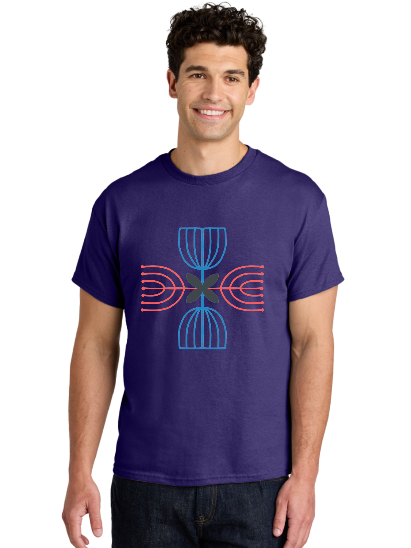 Symmetrical-Logo-Design Men'S Graphic Tee, 100% Cotton, Comfortable Casual Summer Wear, Machine Washable, Symmetrical Design, Geometric Shapes, Abstract Art, Floral Motif, Pink And Blue Lines, Black Flower, Modern Graphics, Aab801