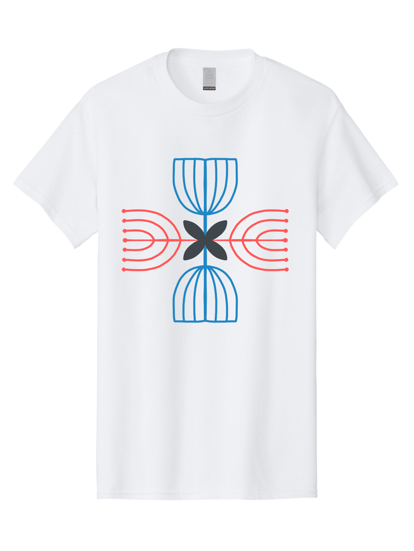 Symmetrical-Logo-Design Men'S Graphic Tee, 100% Cotton, Comfortable Casual Summer Wear, Machine Washable, Symmetrical Design, Geometric Shapes, Abstract Art, Floral Motif, Pink And Blue Lines, Black Flower, Modern Graphics, Aab801