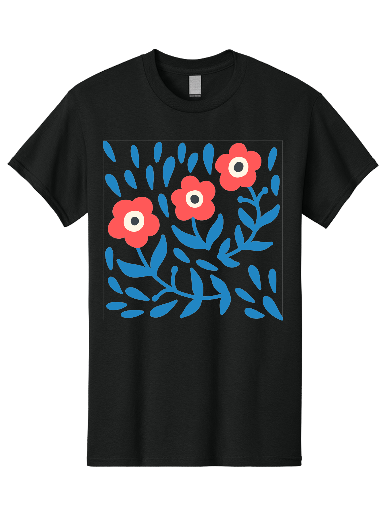 Three-Red-Flowers-1 Men'S Graphic Tee, 100% Cotton, Comfortable Casual Summer Wear, Machine Washable, Red Flowers, Blue Leaves, Floral Pattern, Abstract Design, Vibrant Colors, Whimsical Art, Playful Graphics, Folk Art Style Aab803