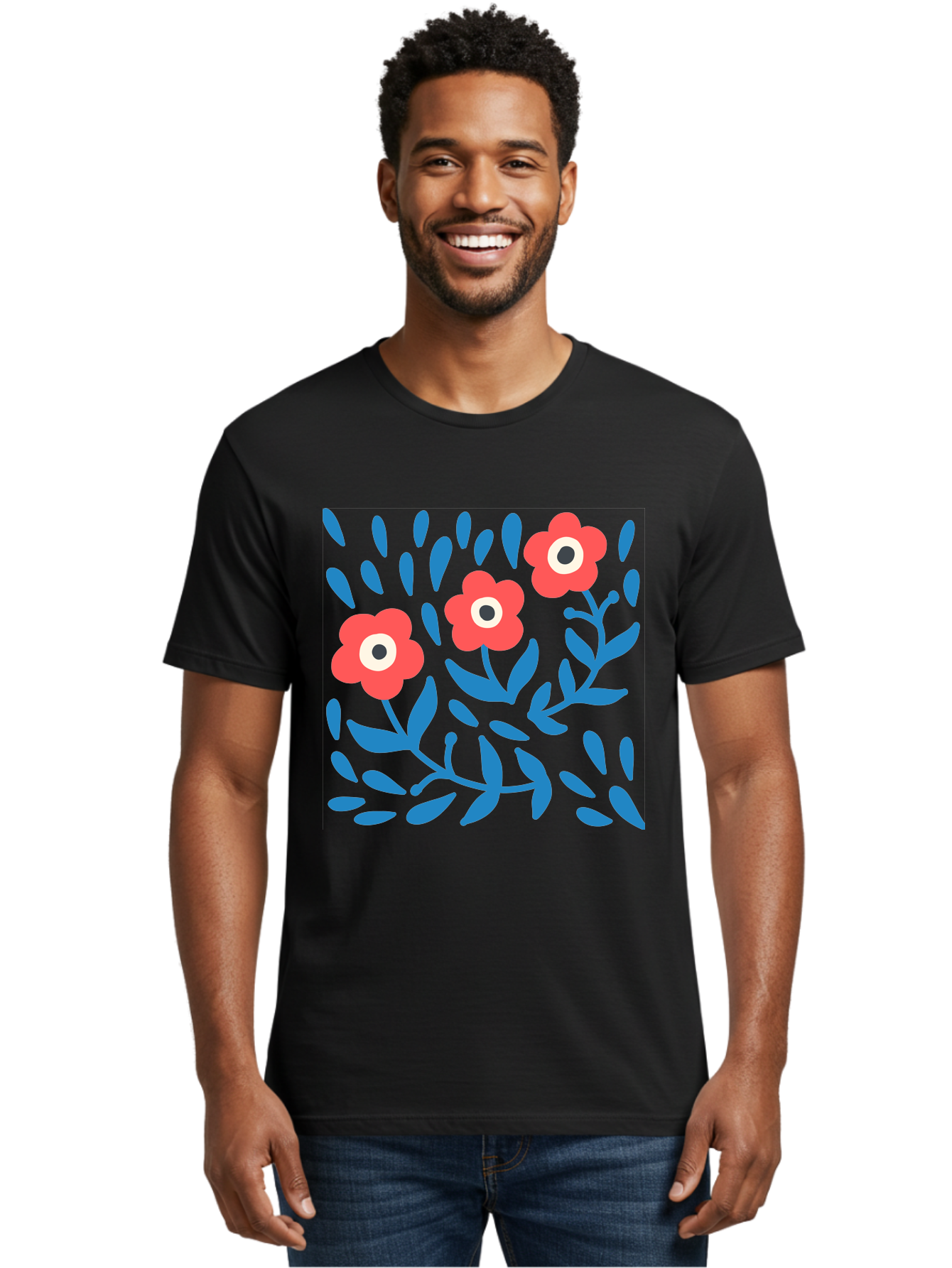 Three-Red-Flowers-1 Men'S Graphic Tee, 100% Cotton, Comfortable Casual Summer Wear, Machine Washable, Red Flowers, Blue Leaves, Floral Pattern, Abstract Design, Vibrant Colors, Whimsical Art, Playful Graphics, Folk Art Style Aab803