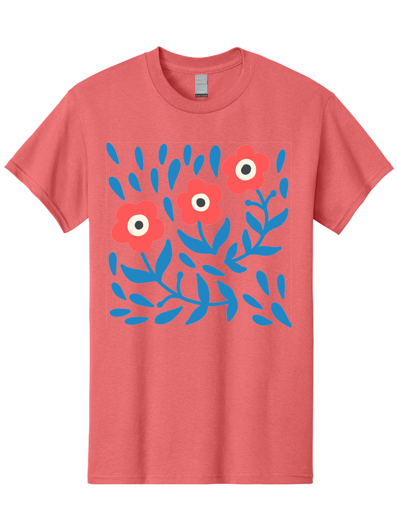 Three-Red-Flowers-1 Men'S Graphic Tee, 100% Cotton, Comfortable Casual Summer Wear, Machine Washable, Red Flowers, Blue Leaves, Floral Pattern, Abstract Design, Vibrant Colors, Whimsical Art, Playful Graphics, Folk Art Style Aab803