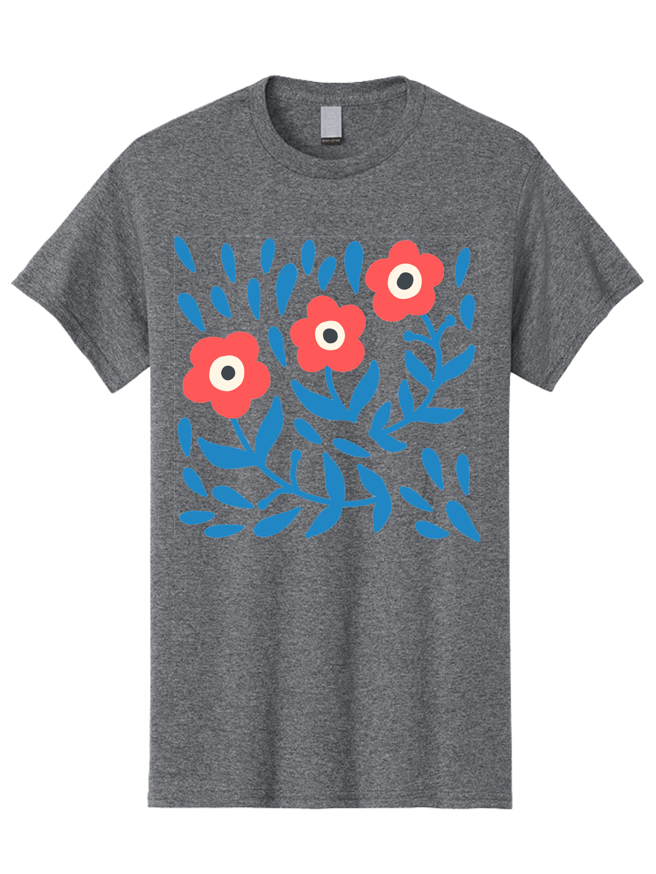 Three-Red-Flowers-1 Men'S Graphic Tee, 100% Cotton, Comfortable Casual Summer Wear, Machine Washable, Red Flowers, Blue Leaves, Floral Pattern, Abstract Design, Vibrant Colors, Whimsical Art, Playful Graphics, Folk Art Style Aab803