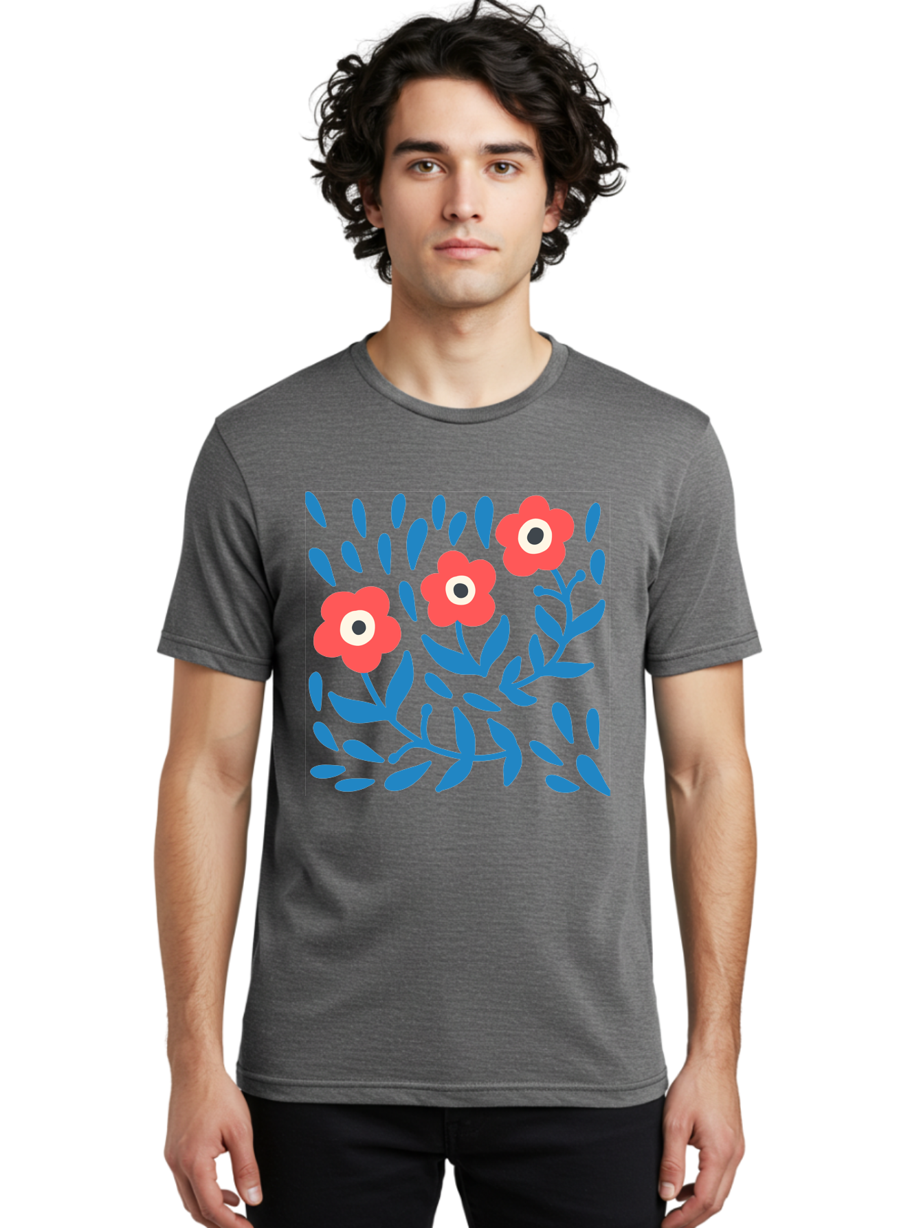 Three-Red-Flowers-1 Men'S Graphic Tee, 100% Cotton, Comfortable Casual Summer Wear, Machine Washable, Red Flowers, Blue Leaves, Floral Pattern, Abstract Design, Vibrant Colors, Whimsical Art, Playful Graphics, Folk Art Style Aab803