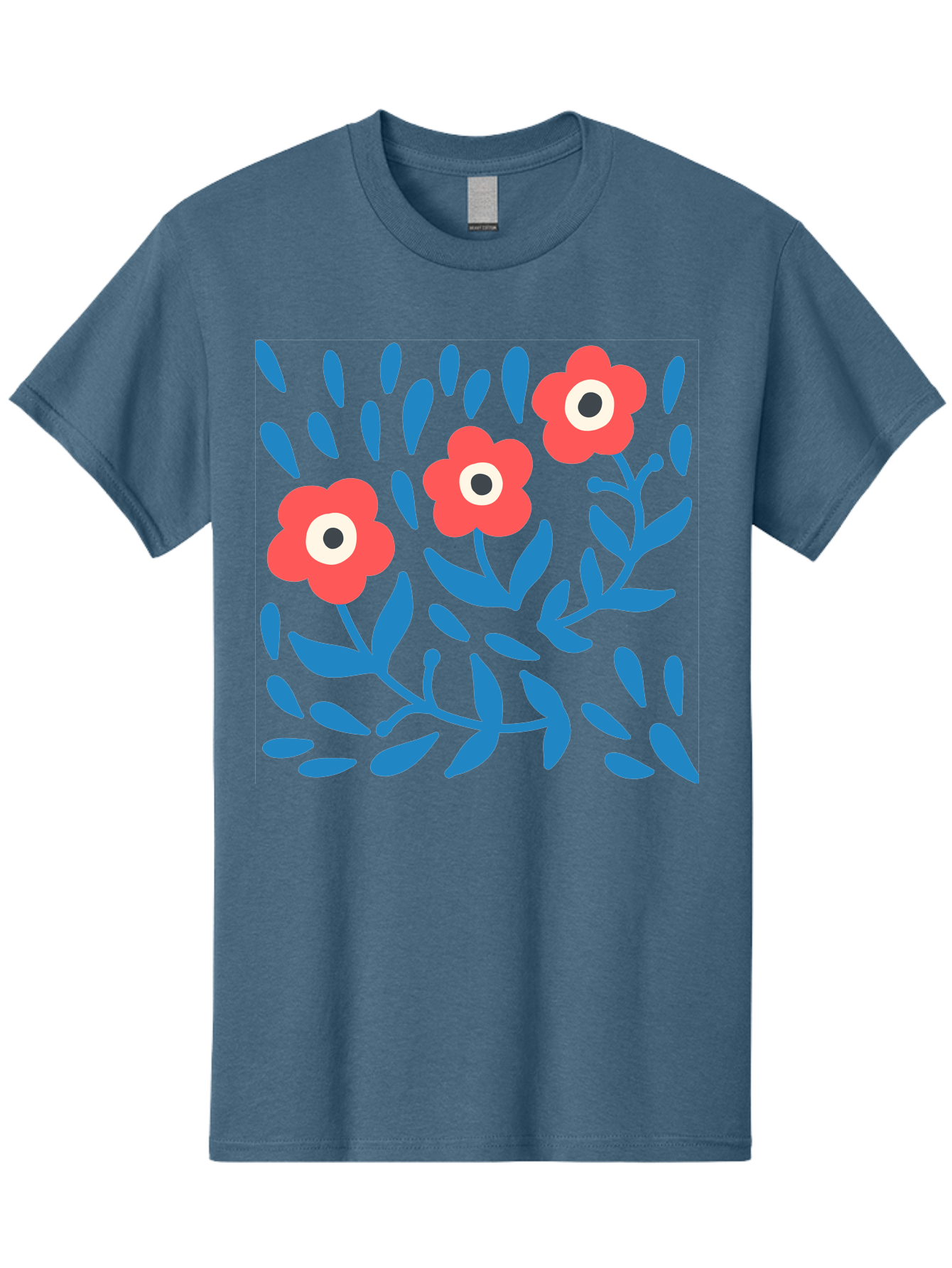 Three-Red-Flowers-1 Men'S Graphic Tee, 100% Cotton, Comfortable Casual Summer Wear, Machine Washable, Red Flowers, Blue Leaves, Floral Pattern, Abstract Design, Vibrant Colors, Whimsical Art, Playful Graphics, Folk Art Style Aab803