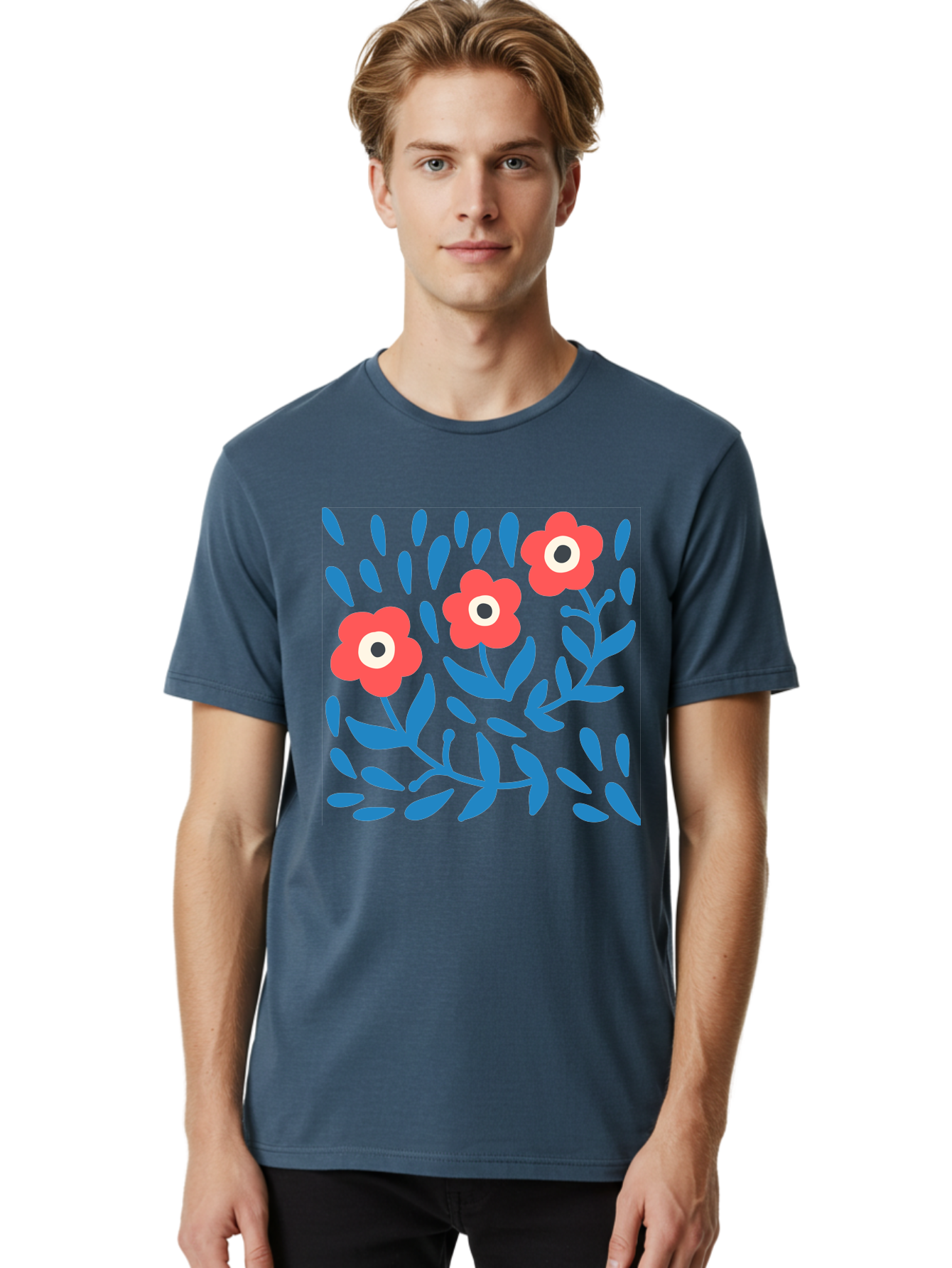 Three-Red-Flowers-1 Men'S Graphic Tee, 100% Cotton, Comfortable Casual Summer Wear, Machine Washable, Red Flowers, Blue Leaves, Floral Pattern, Abstract Design, Vibrant Colors, Whimsical Art, Playful Graphics, Folk Art Style Aab803