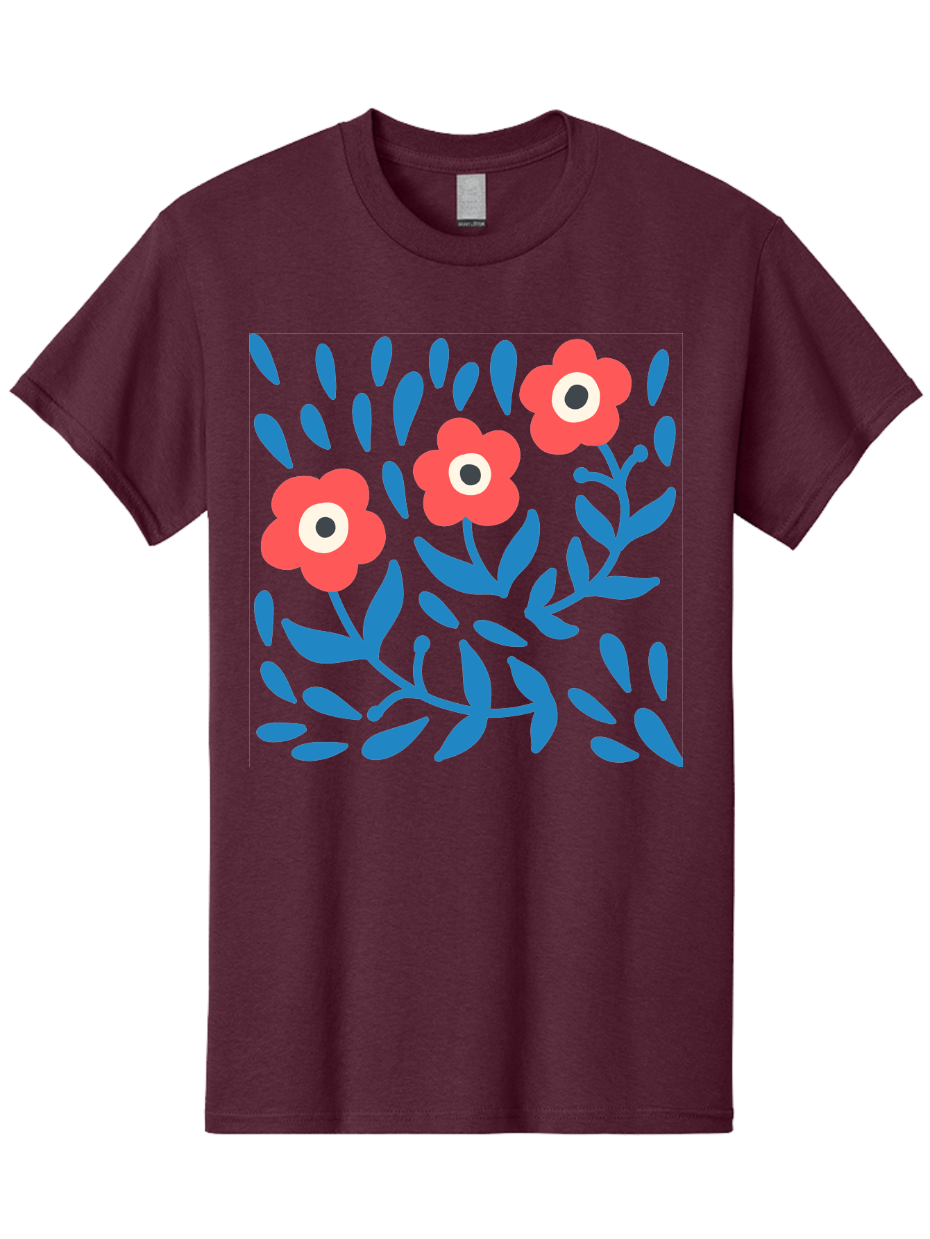 Three-Red-Flowers-1 Men'S Graphic Tee, 100% Cotton, Comfortable Casual Summer Wear, Machine Washable, Red Flowers, Blue Leaves, Floral Pattern, Abstract Design, Vibrant Colors, Whimsical Art, Playful Graphics, Folk Art Style Aab803