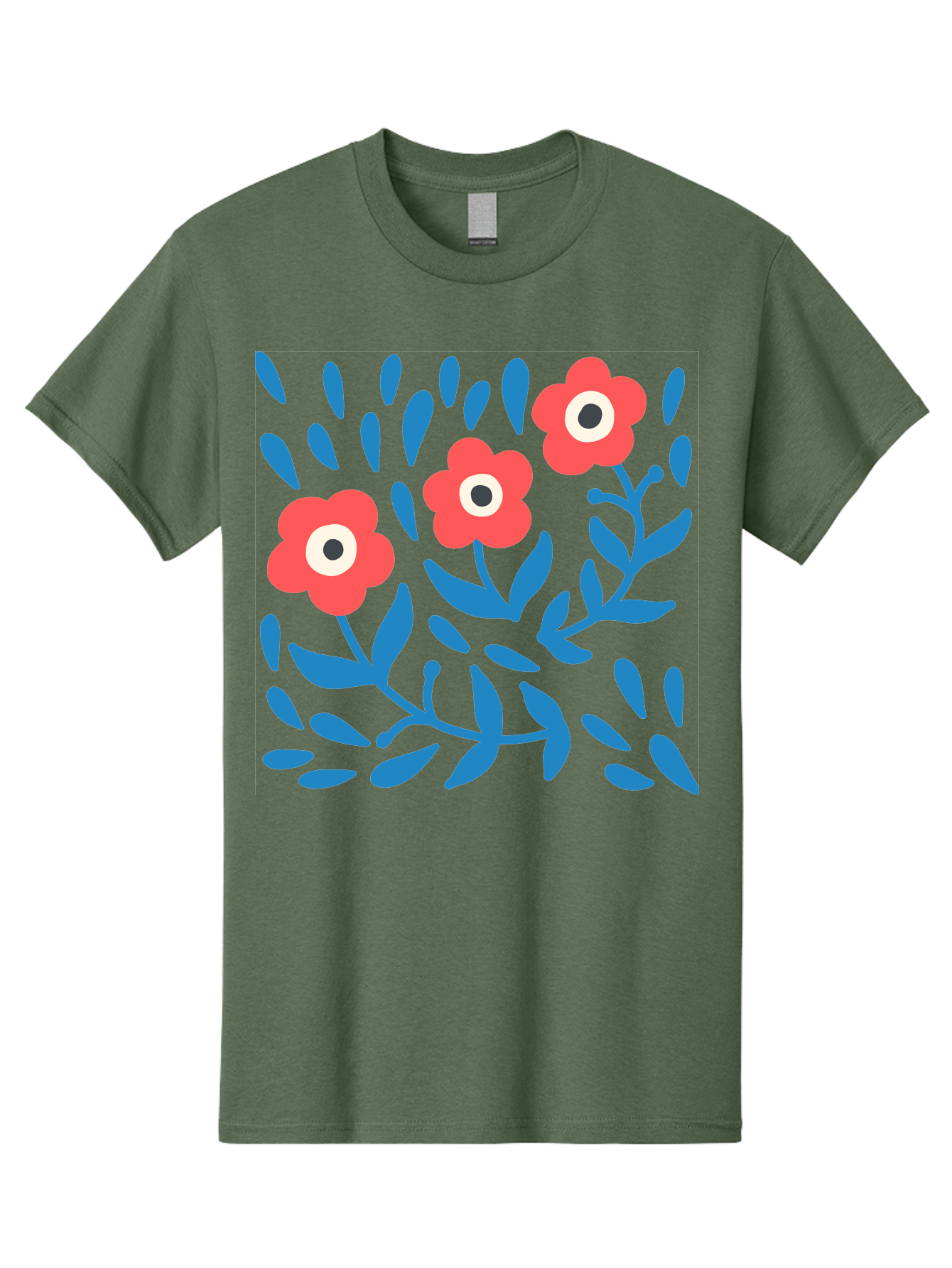 Three-Red-Flowers-1 Men'S Graphic Tee, 100% Cotton, Comfortable Casual Summer Wear, Machine Washable, Red Flowers, Blue Leaves, Floral Pattern, Abstract Design, Vibrant Colors, Whimsical Art, Playful Graphics, Folk Art Style Aab803