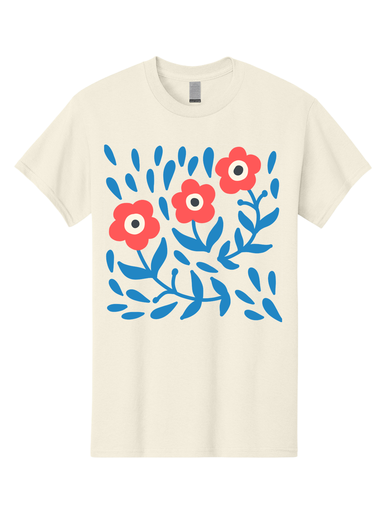 Three-Red-Flowers-1 Men'S Graphic Tee, 100% Cotton, Comfortable Casual Summer Wear, Machine Washable, Red Flowers, Blue Leaves, Floral Pattern, Abstract Design, Vibrant Colors, Whimsical Art, Playful Graphics, Folk Art Style Aab803