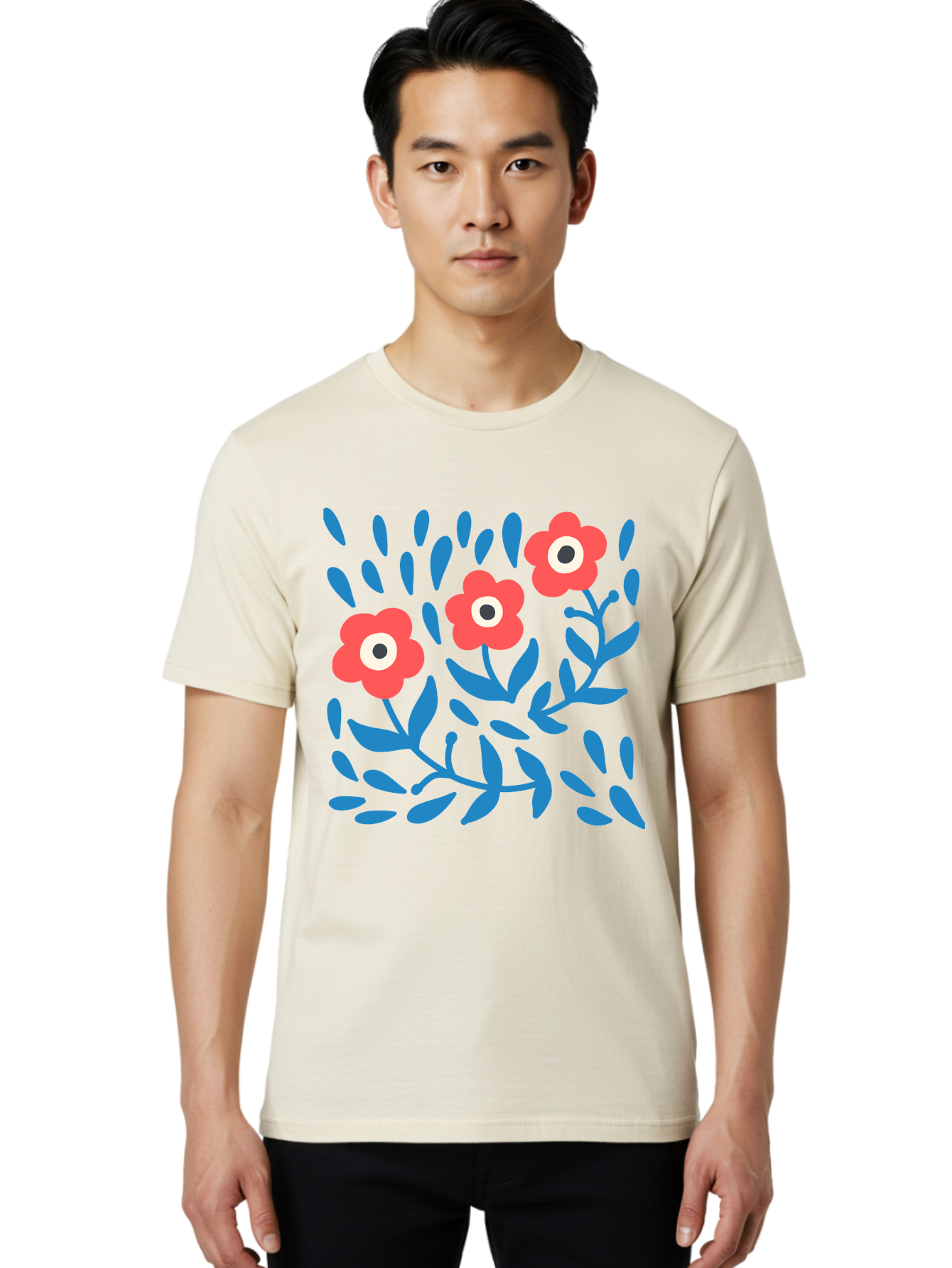 Three-Red-Flowers-1 Men'S Graphic Tee, 100% Cotton, Comfortable Casual Summer Wear, Machine Washable, Red Flowers, Blue Leaves, Floral Pattern, Abstract Design, Vibrant Colors, Whimsical Art, Playful Graphics, Folk Art Style Aab803