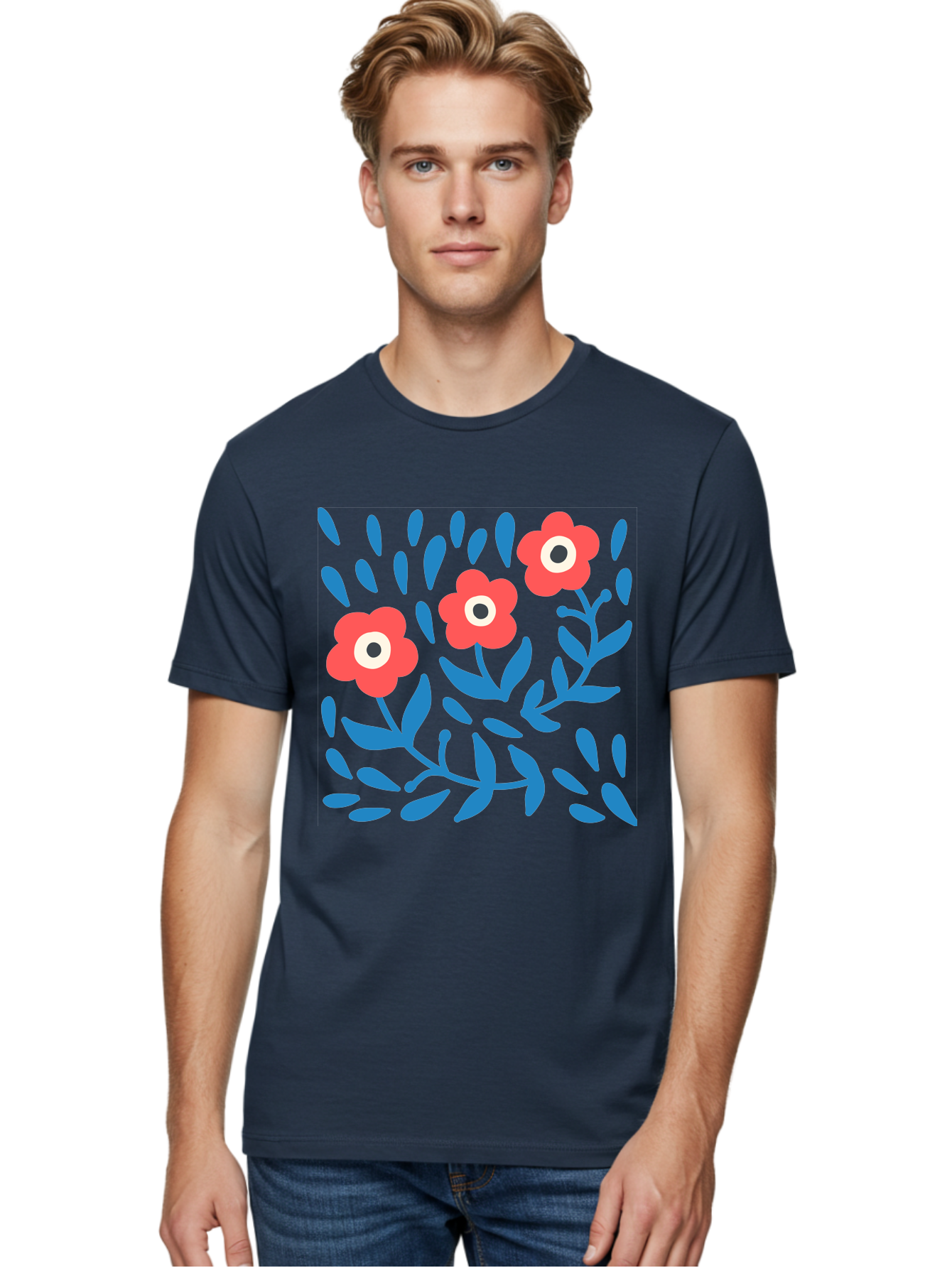 Three-Red-Flowers-1 Men'S Graphic Tee, 100% Cotton, Comfortable Casual Summer Wear, Machine Washable, Red Flowers, Blue Leaves, Floral Pattern, Abstract Design, Vibrant Colors, Whimsical Art, Playful Graphics, Folk Art Style Aab803