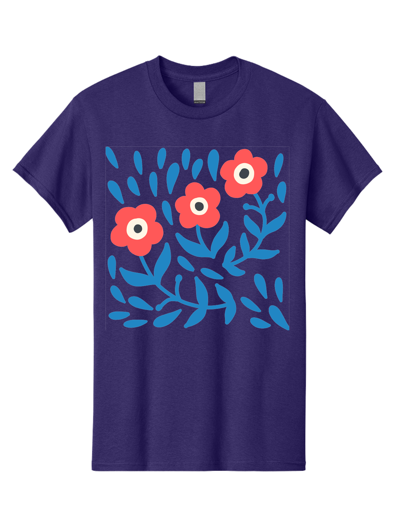 Three-Red-Flowers-1 Men'S Graphic Tee, 100% Cotton, Comfortable Casual Summer Wear, Machine Washable, Red Flowers, Blue Leaves, Floral Pattern, Abstract Design, Vibrant Colors, Whimsical Art, Playful Graphics, Folk Art Style Aab803