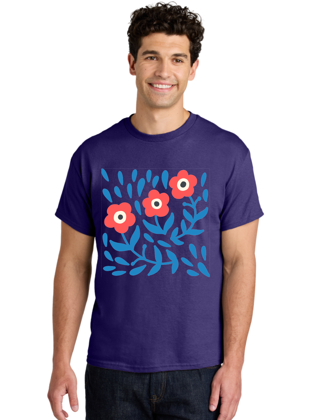 Three-Red-Flowers-1 Men'S Graphic Tee, 100% Cotton, Comfortable Casual Summer Wear, Machine Washable, Red Flowers, Blue Leaves, Floral Pattern, Abstract Design, Vibrant Colors, Whimsical Art, Playful Graphics, Folk Art Style Aab803