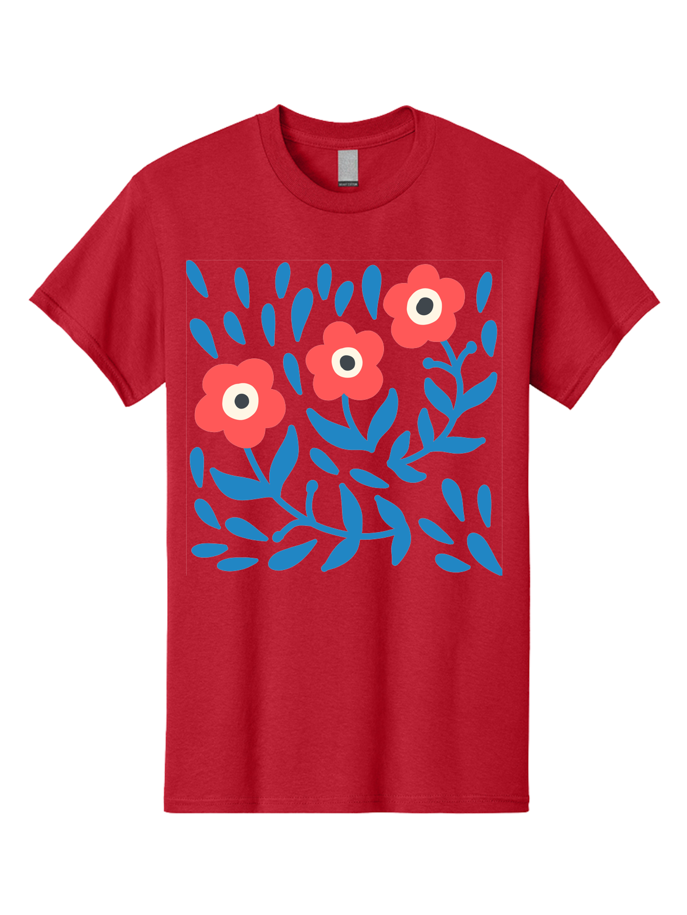 Three-Red-Flowers-1 Men'S Graphic Tee, 100% Cotton, Comfortable Casual Summer Wear, Machine Washable, Red Flowers, Blue Leaves, Floral Pattern, Abstract Design, Vibrant Colors, Whimsical Art, Playful Graphics, Folk Art Style Aab803