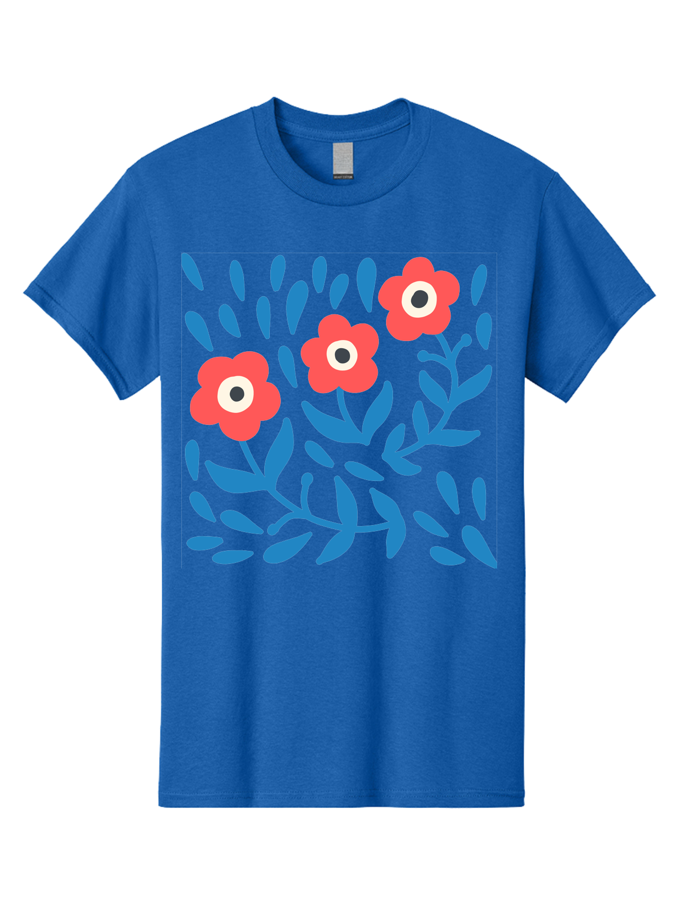 Three-Red-Flowers-1 Men'S Graphic Tee, 100% Cotton, Comfortable Casual Summer Wear, Machine Washable, Red Flowers, Blue Leaves, Floral Pattern, Abstract Design, Vibrant Colors, Whimsical Art, Playful Graphics, Folk Art Style Aab803
