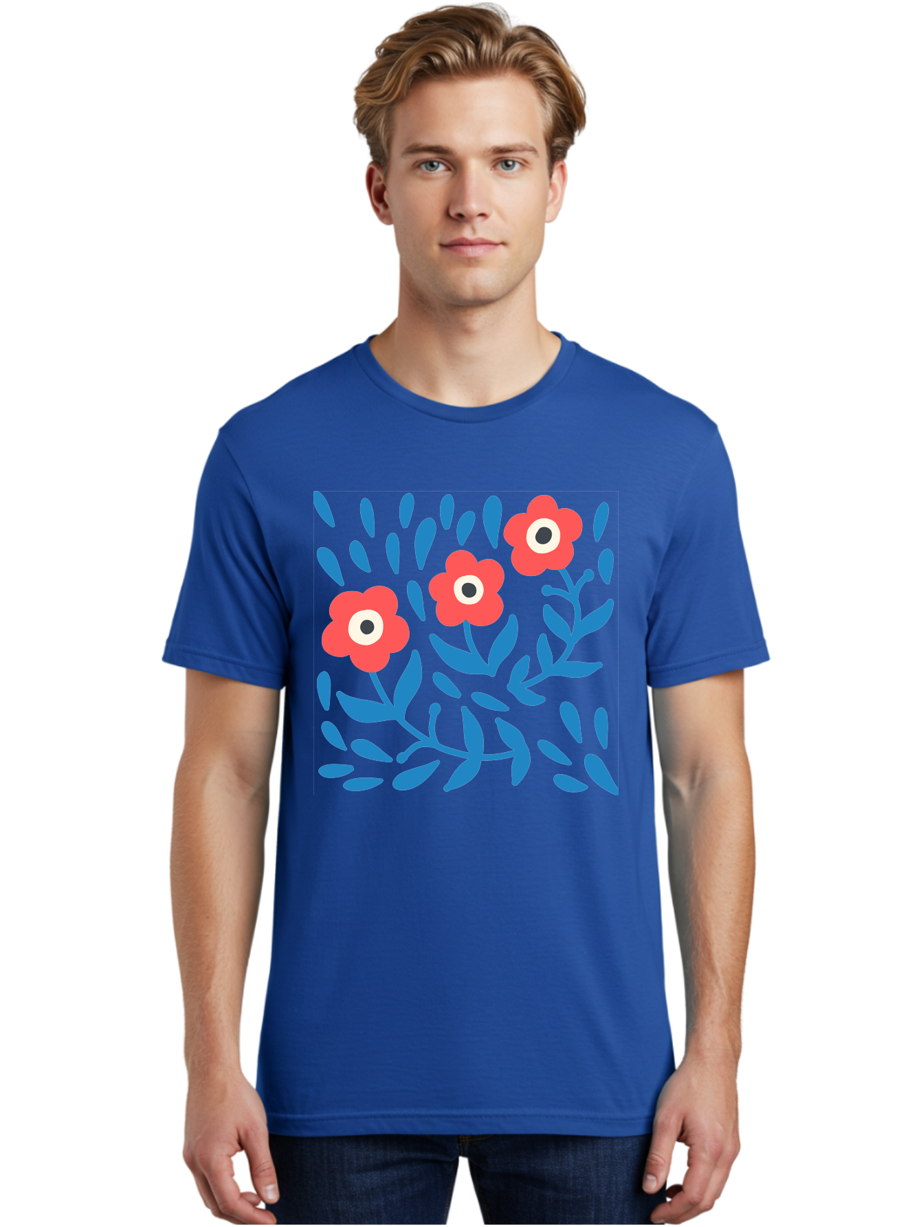 Three-Red-Flowers-1 Men'S Graphic Tee, 100% Cotton, Comfortable Casual Summer Wear, Machine Washable, Red Flowers, Blue Leaves, Floral Pattern, Abstract Design, Vibrant Colors, Whimsical Art, Playful Graphics, Folk Art Style Aab803