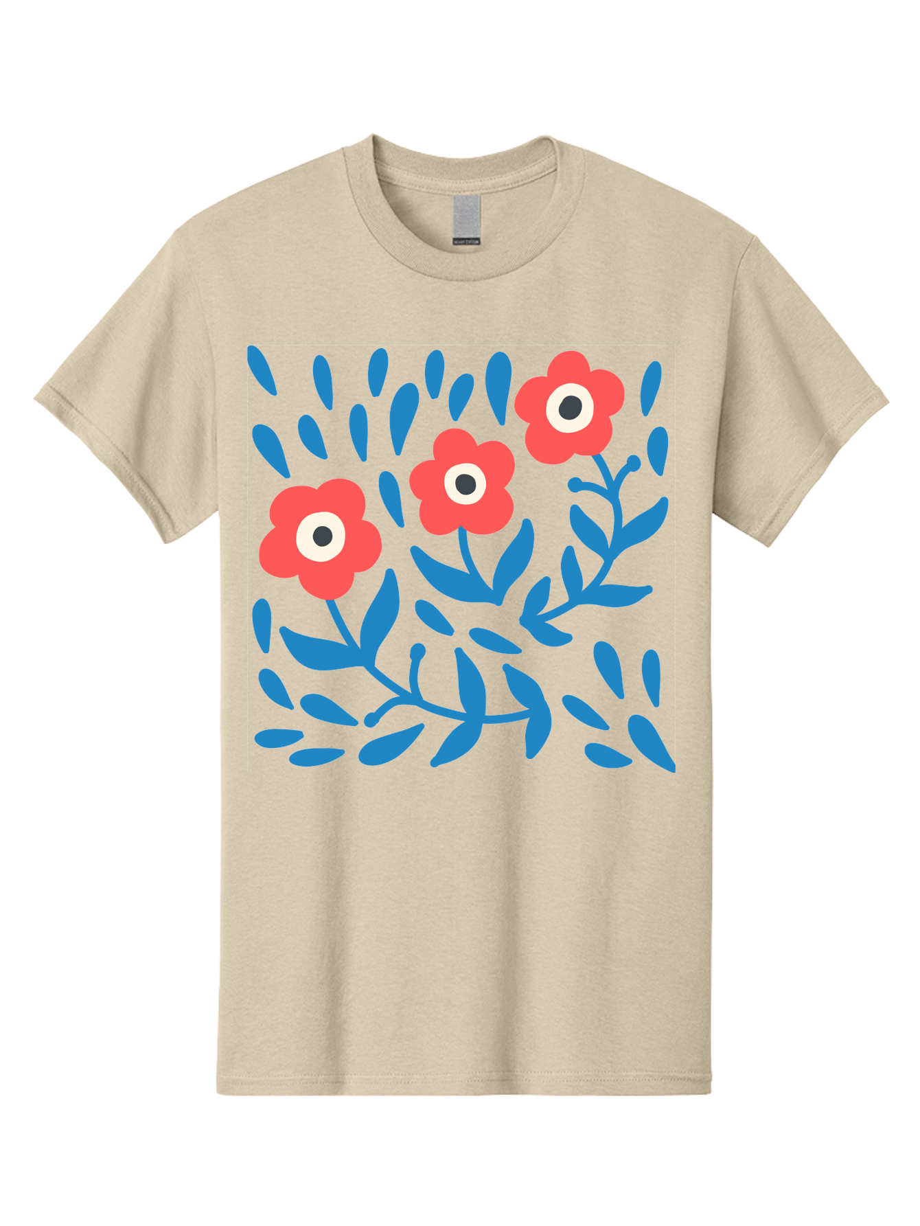 Three-Red-Flowers-1 Men'S Graphic Tee, 100% Cotton, Comfortable Casual Summer Wear, Machine Washable, Red Flowers, Blue Leaves, Floral Pattern, Abstract Design, Vibrant Colors, Whimsical Art, Playful Graphics, Folk Art Style Aab803