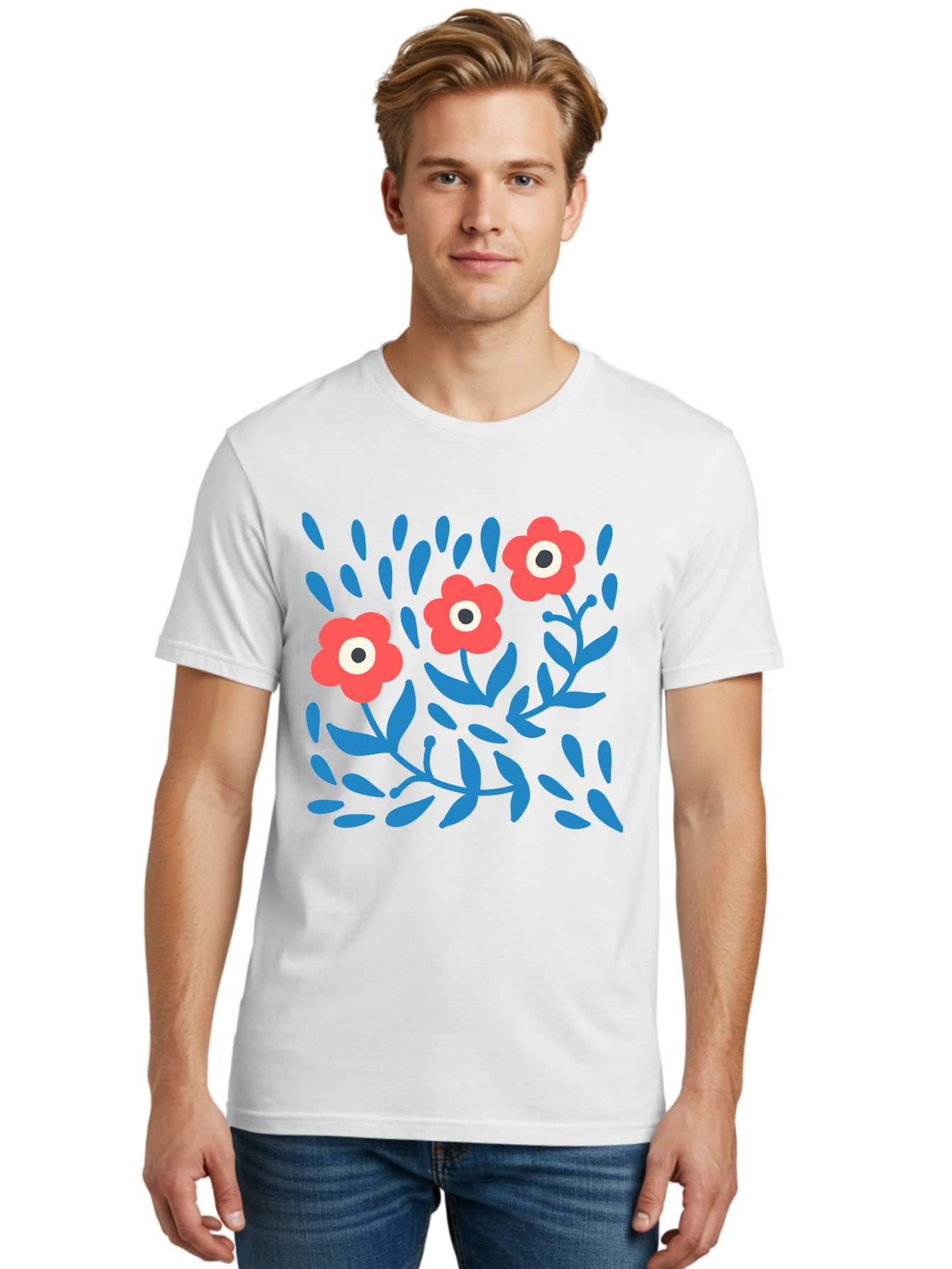 Three-Red-Flowers-1 Men'S Graphic Tee, 100% Cotton, Comfortable Casual Summer Wear, Machine Washable, Red Flowers, Blue Leaves, Floral Pattern, Abstract Design, Vibrant Colors, Whimsical Art, Playful Graphics, Folk Art Style Aab803
