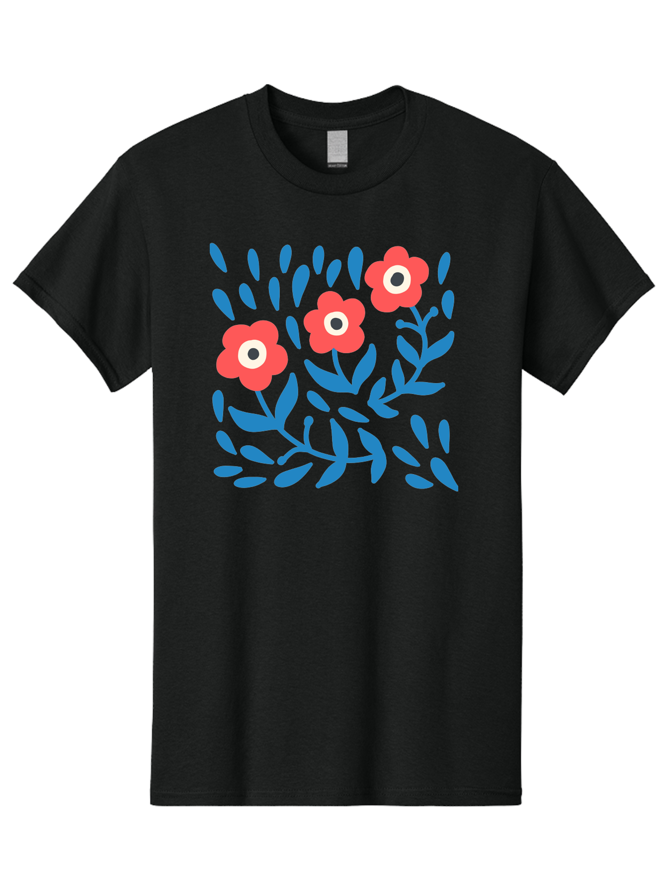Three-Red-Flowers Men'S Graphic Tee, 100% Cotton, Comfortable Casual Summer Wear, Machine Washable, Red Flowers, Blue Leaves, Floral Pattern, Abstract Design, Minimalist Art, Vibrant Colors, Playful Style, Whimsical Illustration, Spring Theme, Aab804