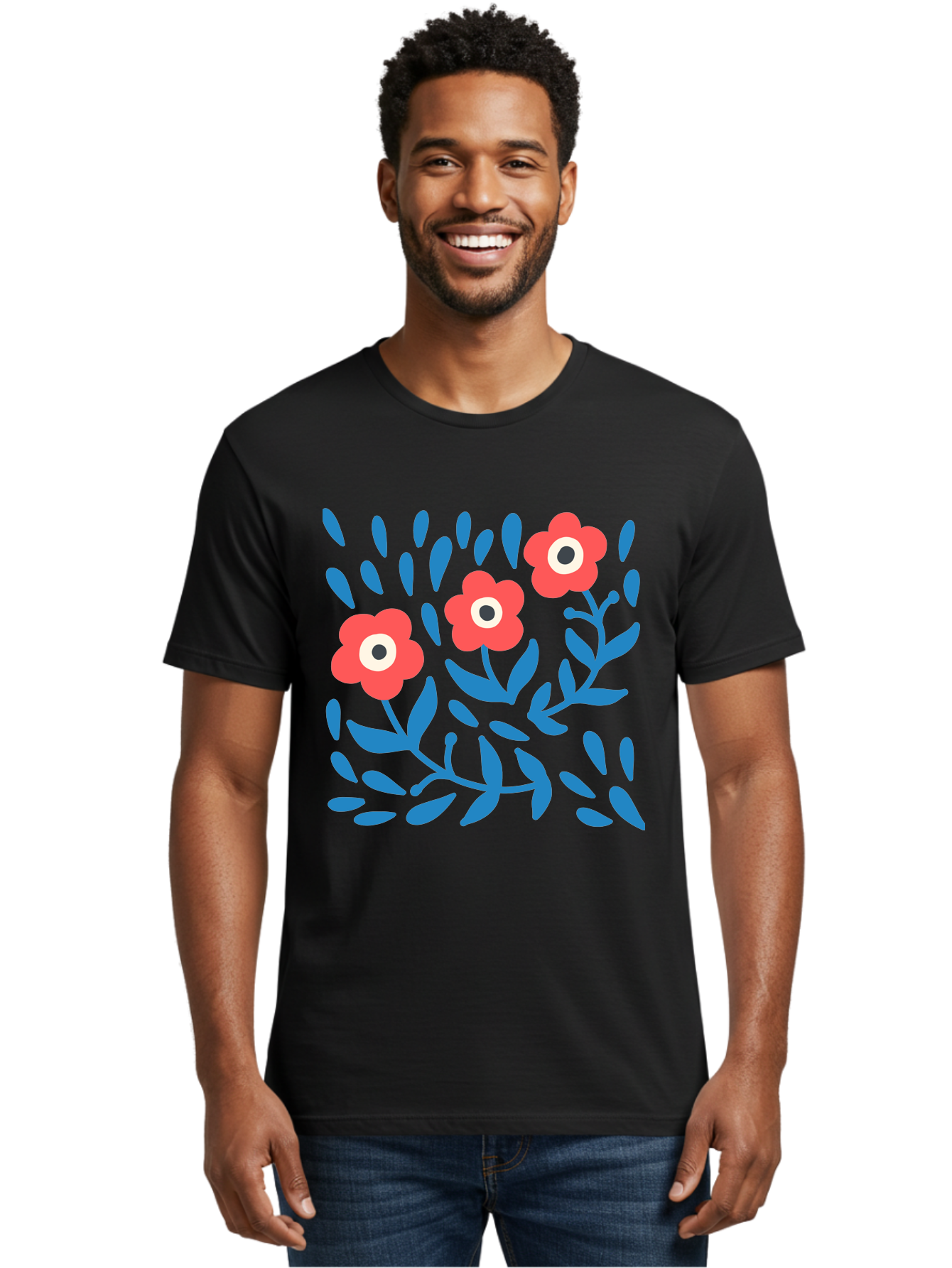 Three-Red-Flowers Men'S Graphic Tee, 100% Cotton, Comfortable Casual Summer Wear, Machine Washable, Red Flowers, Blue Leaves, Floral Pattern, Abstract Design, Minimalist Art, Vibrant Colors, Playful Style, Whimsical Illustration, Spring Theme, Aab804