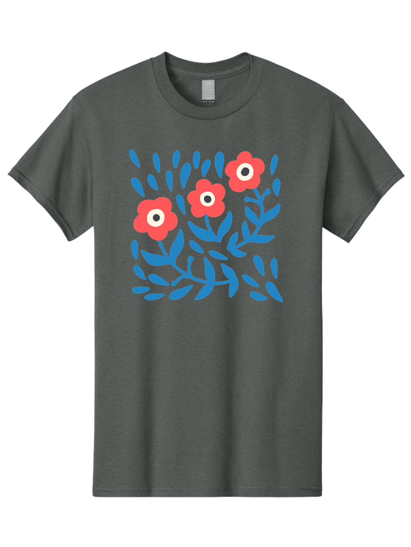 Three-Red-Flowers Men'S Graphic Tee, 100% Cotton, Comfortable Casual Summer Wear, Machine Washable, Red Flowers, Blue Leaves, Floral Pattern, Abstract Design, Minimalist Art, Vibrant Colors, Playful Style, Whimsical Illustration, Spring Theme, Aab804