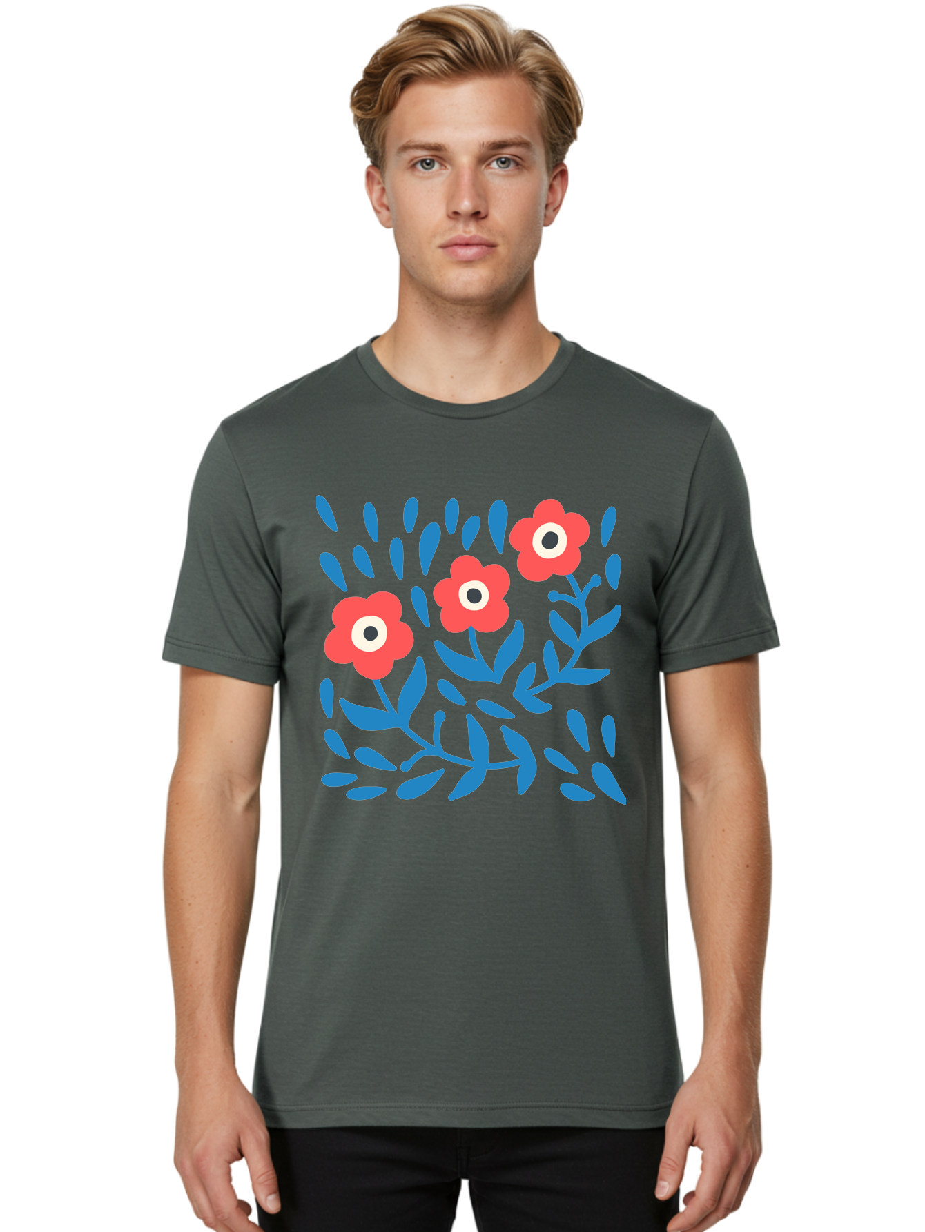 Three-Red-Flowers Men'S Graphic Tee, 100% Cotton, Comfortable Casual Summer Wear, Machine Washable, Red Flowers, Blue Leaves, Floral Pattern, Abstract Design, Minimalist Art, Vibrant Colors, Playful Style, Whimsical Illustration, Spring Theme, Aab804