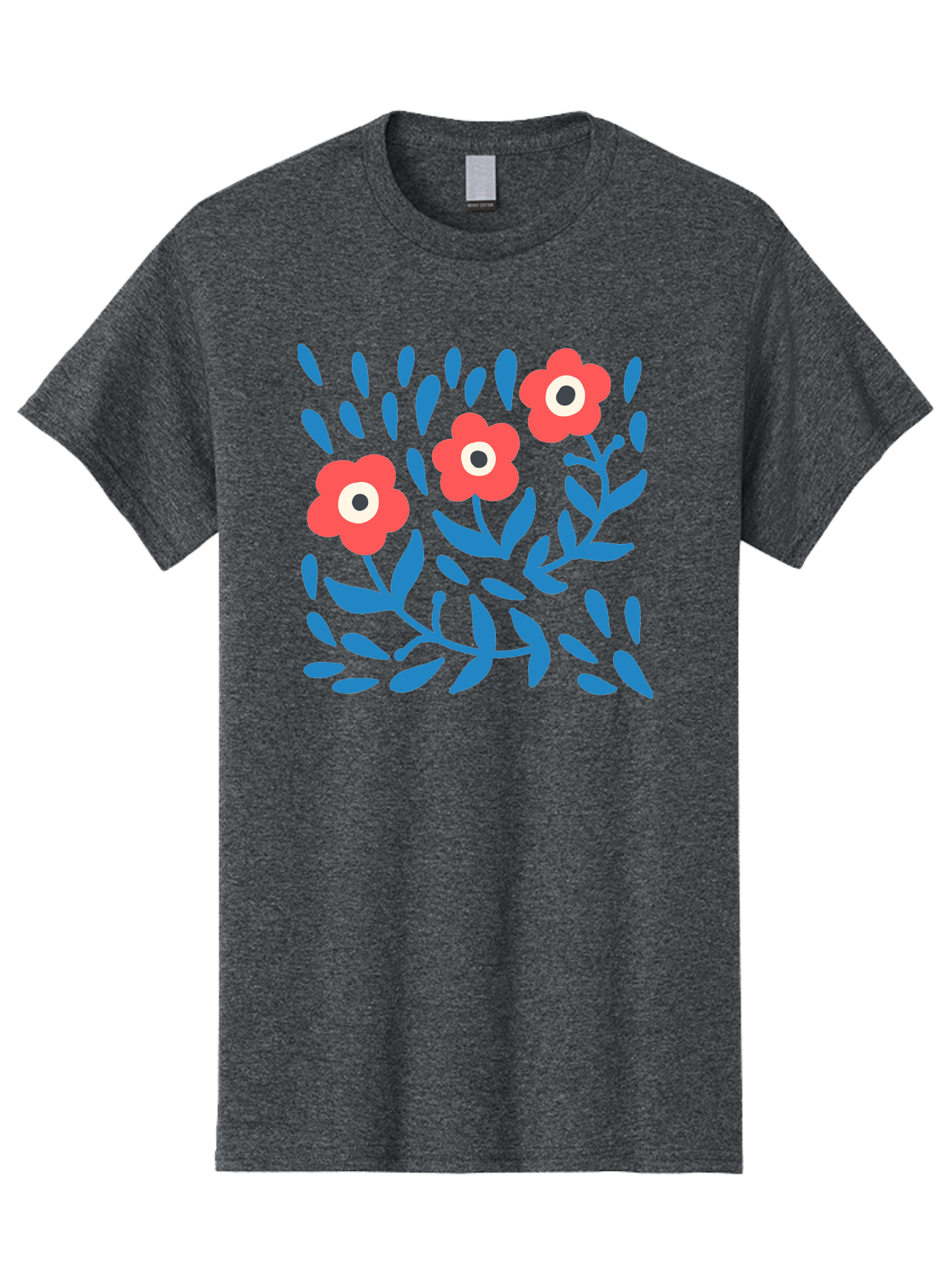 Three-Red-Flowers Men'S Graphic Tee, 100% Cotton, Comfortable Casual Summer Wear, Machine Washable, Red Flowers, Blue Leaves, Floral Pattern, Abstract Design, Minimalist Art, Vibrant Colors, Playful Style, Whimsical Illustration, Spring Theme, Aab804