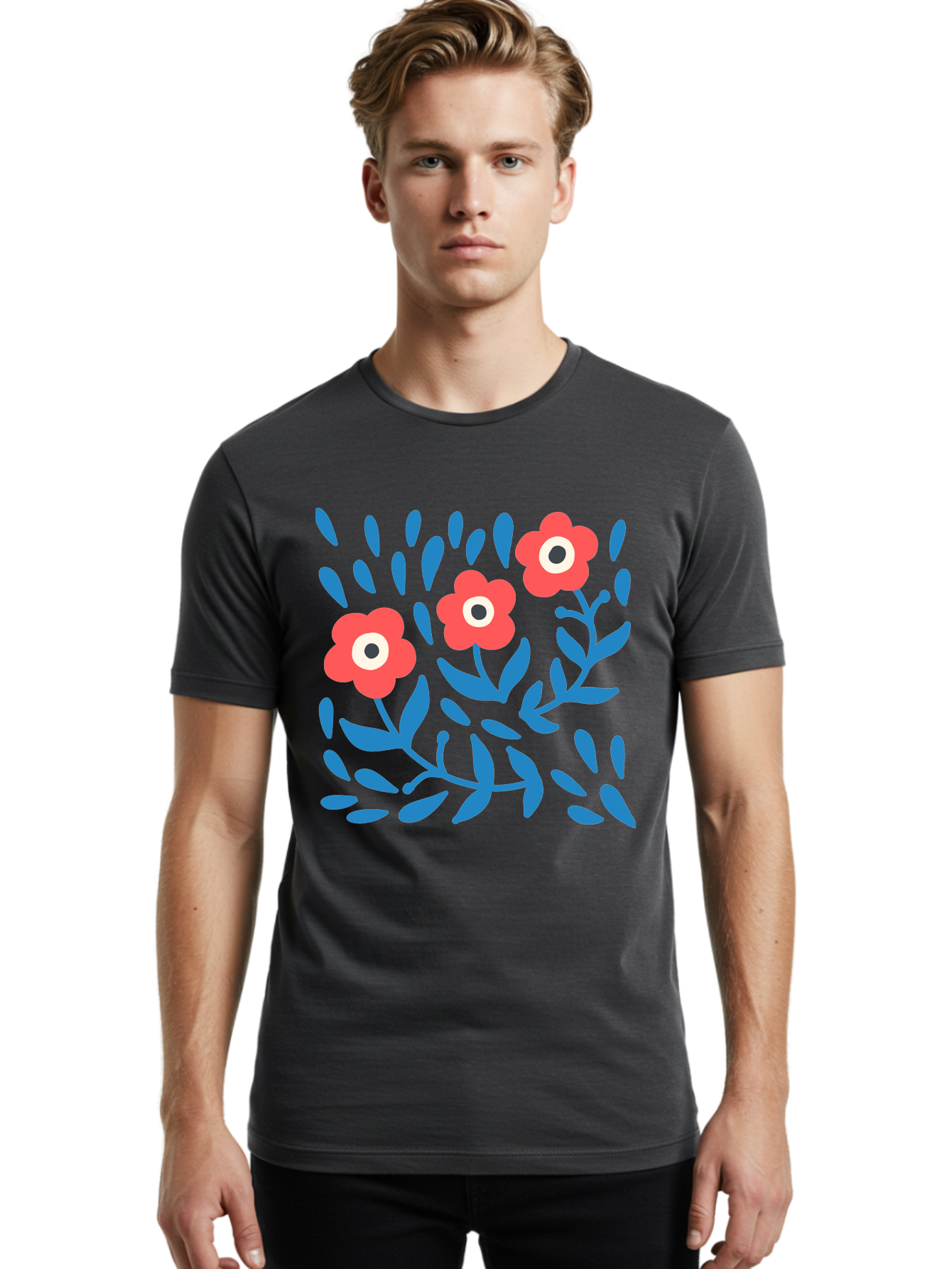 Three-Red-Flowers Men'S Graphic Tee, 100% Cotton, Comfortable Casual Summer Wear, Machine Washable, Red Flowers, Blue Leaves, Floral Pattern, Abstract Design, Minimalist Art, Vibrant Colors, Playful Style, Whimsical Illustration, Spring Theme, Aab804